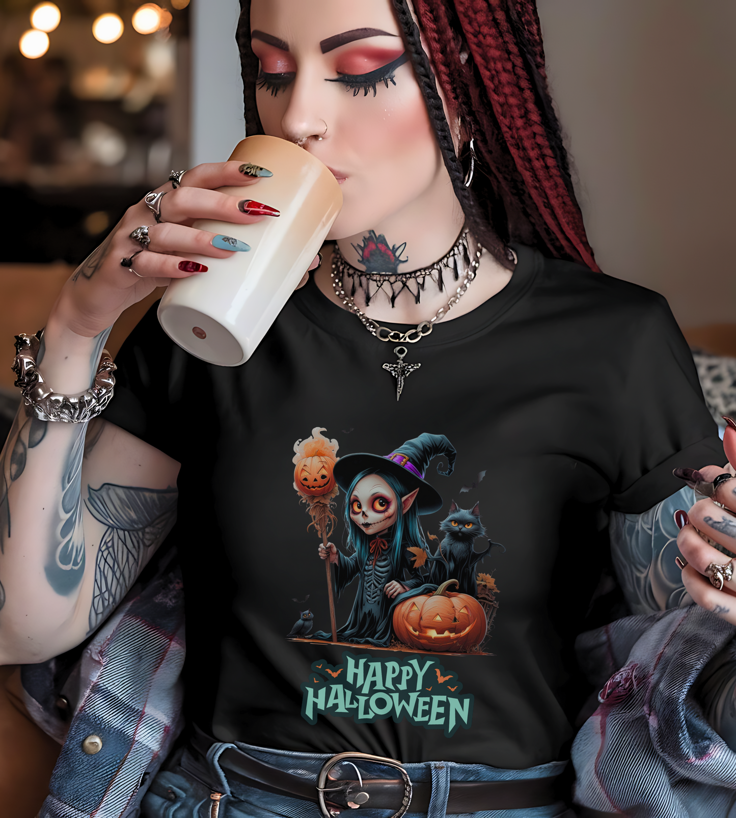 Happy Halloween Witch Shirt – Spooky Pumpkin Cat Graphic Tee – Bella Canvas 3001 – Unisex Halloween T-Shirt for Women Men