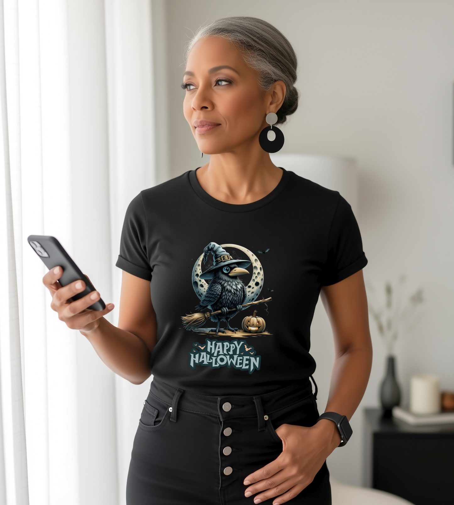 Happy Halloween Crow Shirt – Spooky Raven Witch Graphic Tee – Bella Canvas 3001 – Unisex Halloween T-Shirt for Women Men