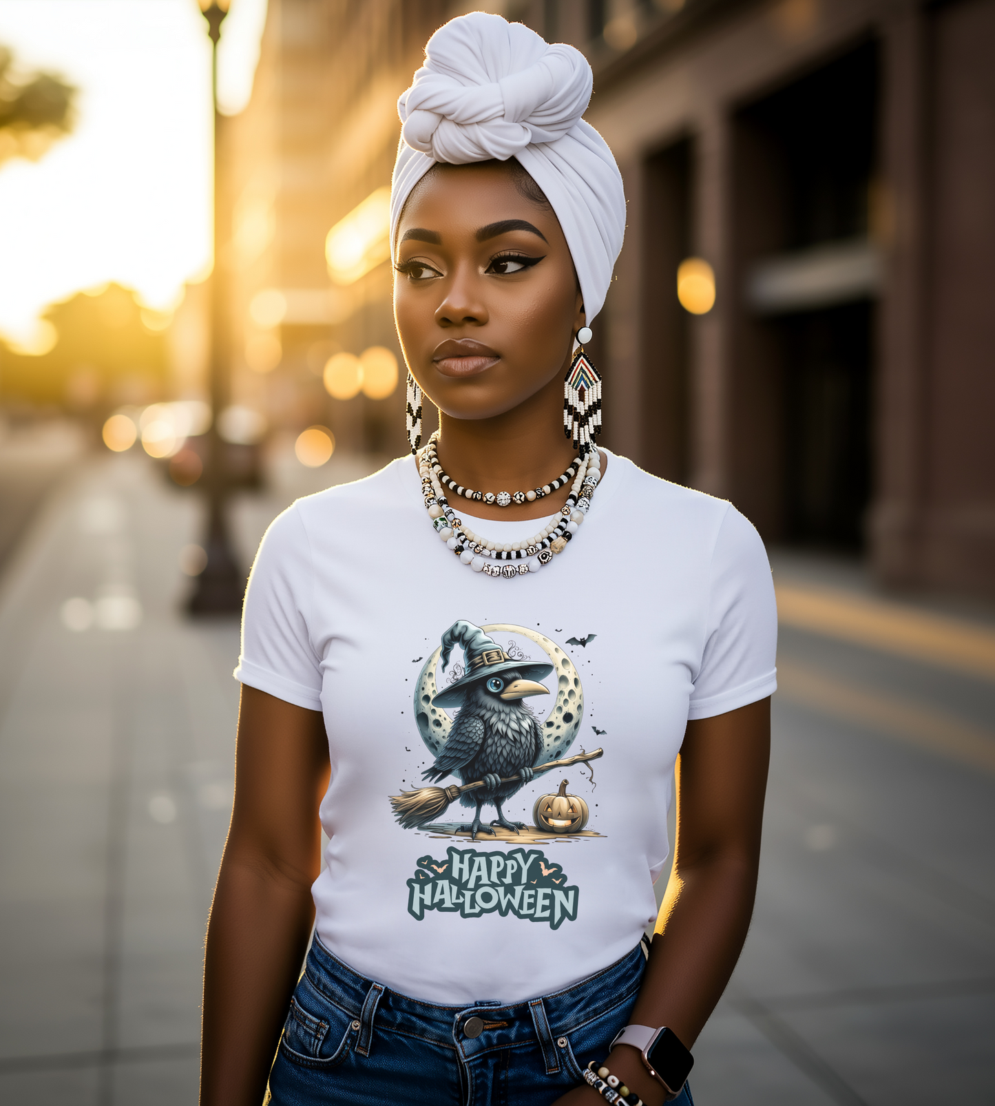 Happy Halloween Crow Shirt – Spooky Raven Witch Graphic Tee – Bella Canvas 3001 – Unisex Halloween T-Shirt for Women Men