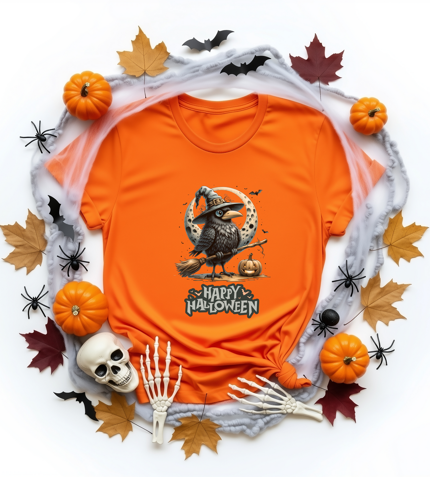 Happy Halloween Crow Shirt – Spooky Raven Witch Graphic Tee – Bella Canvas 3001 – Unisex Halloween T-Shirt for Women Men