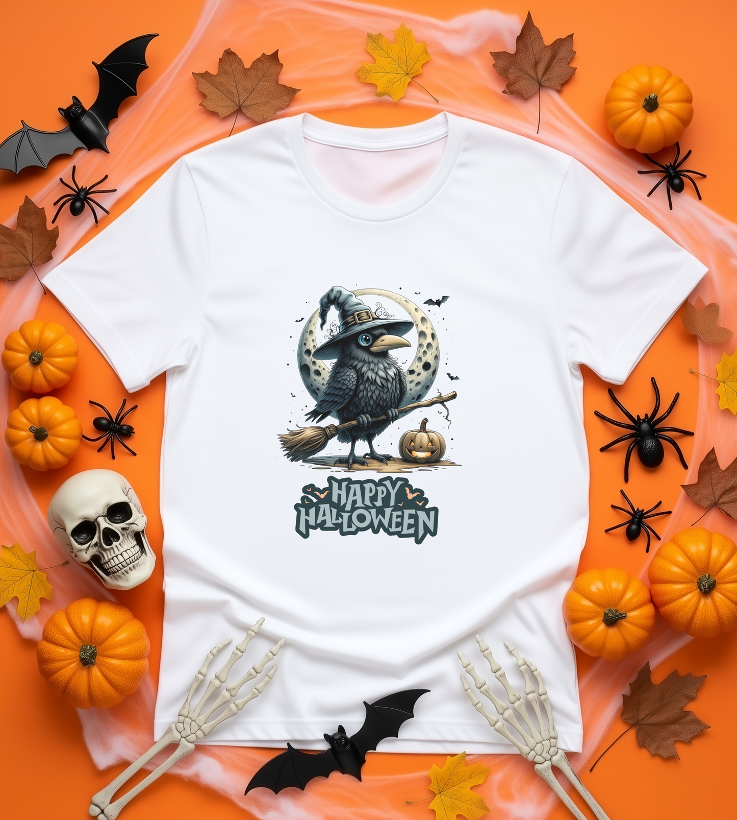 Happy Halloween Crow Shirt – Spooky Raven Witch Graphic Tee – Bella Canvas 3001 – Unisex Halloween T-Shirt for Women Men