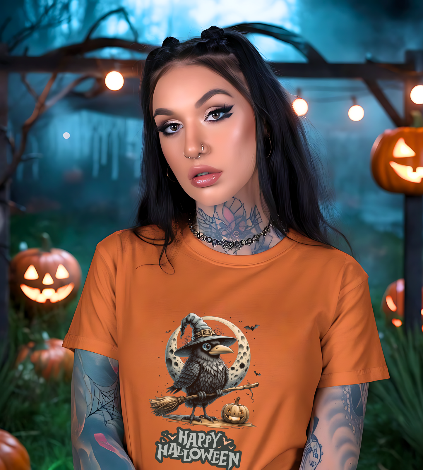 Happy Halloween Crow Shirt – Spooky Raven Witch Graphic Tee – Bella Canvas 3001 – Unisex Halloween T-Shirt for Women Men