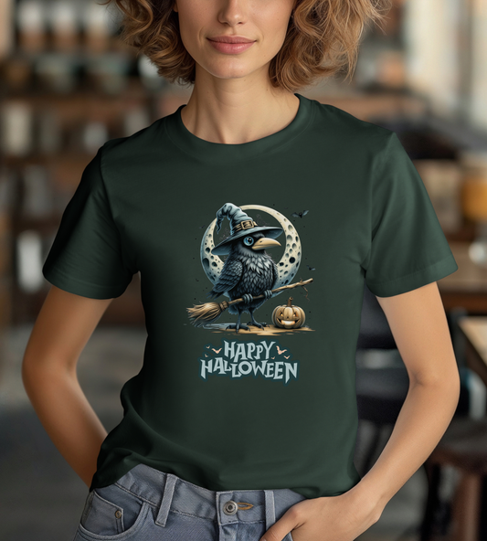 Happy Halloween Crow Shirt – Spooky Raven Witch Graphic Tee – Bella Canvas 3001 – Unisex Halloween T-Shirt for Women Men