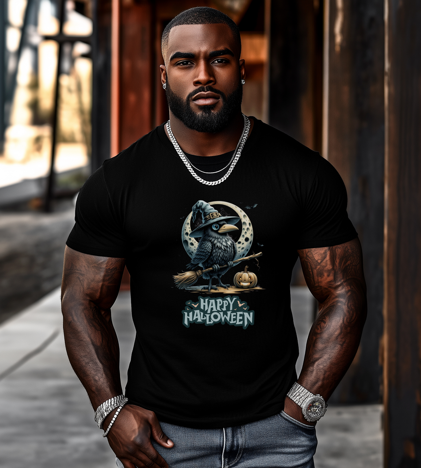 Happy Halloween Crow Shirt – Spooky Raven Witch Graphic Tee – Bella Canvas 3001 – Unisex Halloween T-Shirt for Women Men
