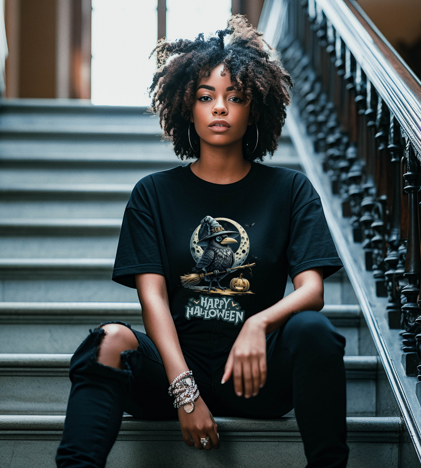Happy Halloween Crow Shirt – Spooky Raven Witch Graphic Tee – Bella Canvas 3001 – Unisex Halloween T-Shirt for Women Men