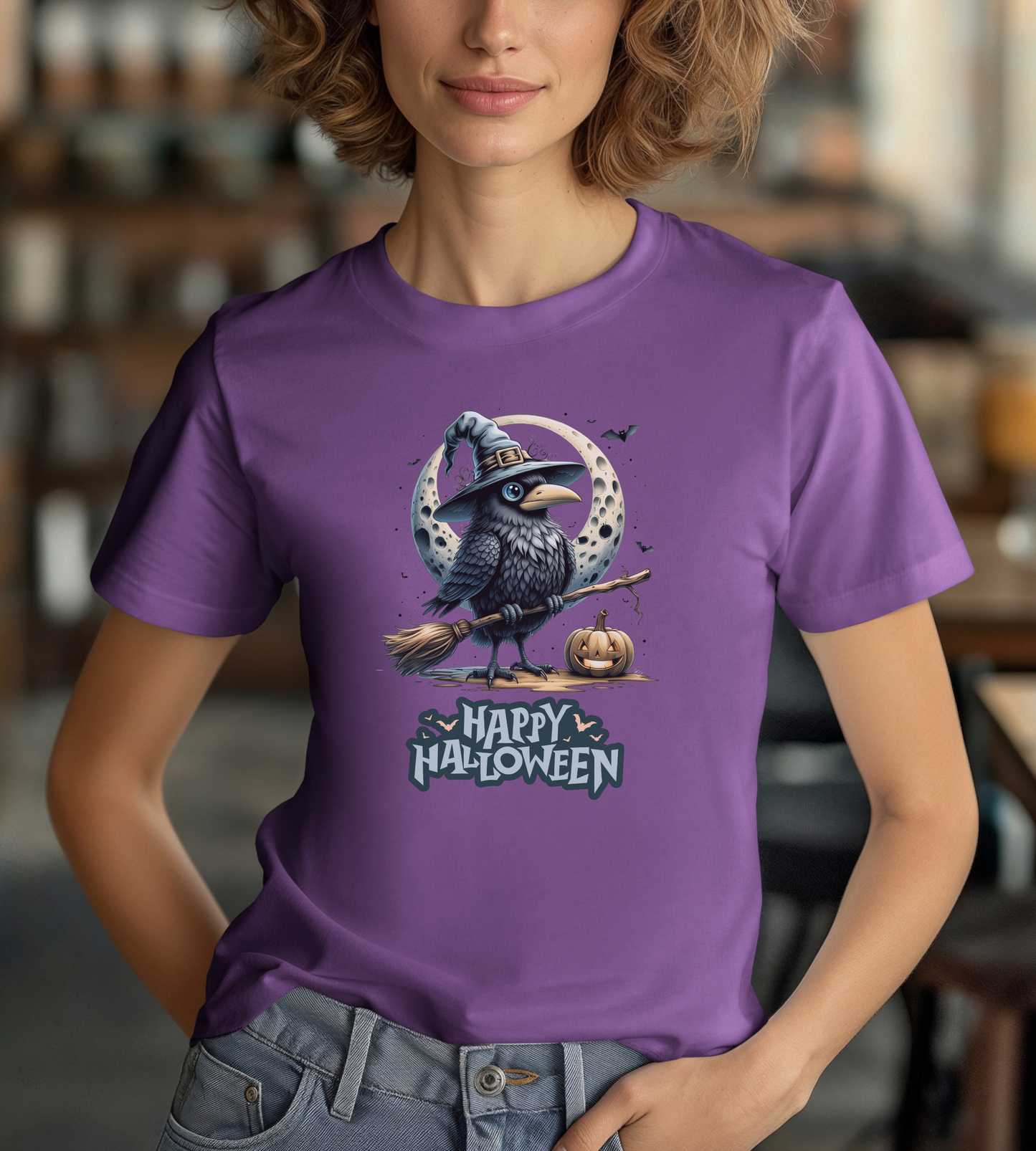 Happy Halloween Crow Shirt – Spooky Raven Witch Graphic Tee – Bella Canvas 3001 – Unisex Halloween T-Shirt for Women Men