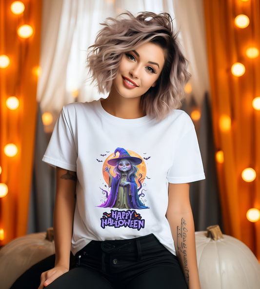 Happy Halloween Witch Shirt – Spooky Full Moon Graphic Tee – Bella Canvas 3001 – Unisex Halloween T-Shirt for Women Men