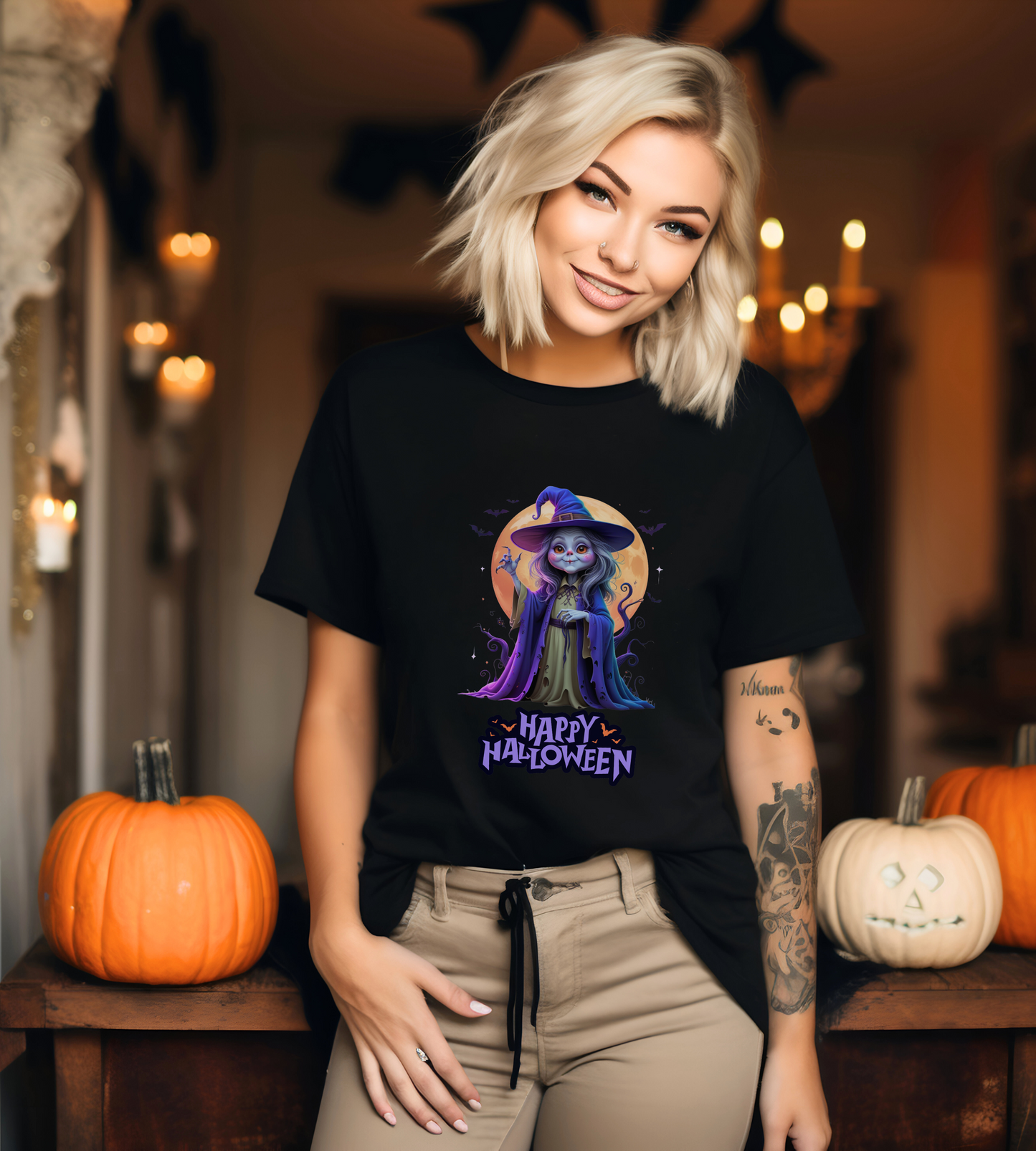 Happy Halloween Witch Shirt – Spooky Full Moon Graphic Tee – Bella Canvas 3001 – Unisex Halloween T-Shirt for Women Men