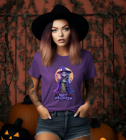 Happy Halloween Witch Shirt – Spooky Full Moon Graphic Tee – Bella Canvas 3001 – Unisex Halloween T-Shirt for Women Men