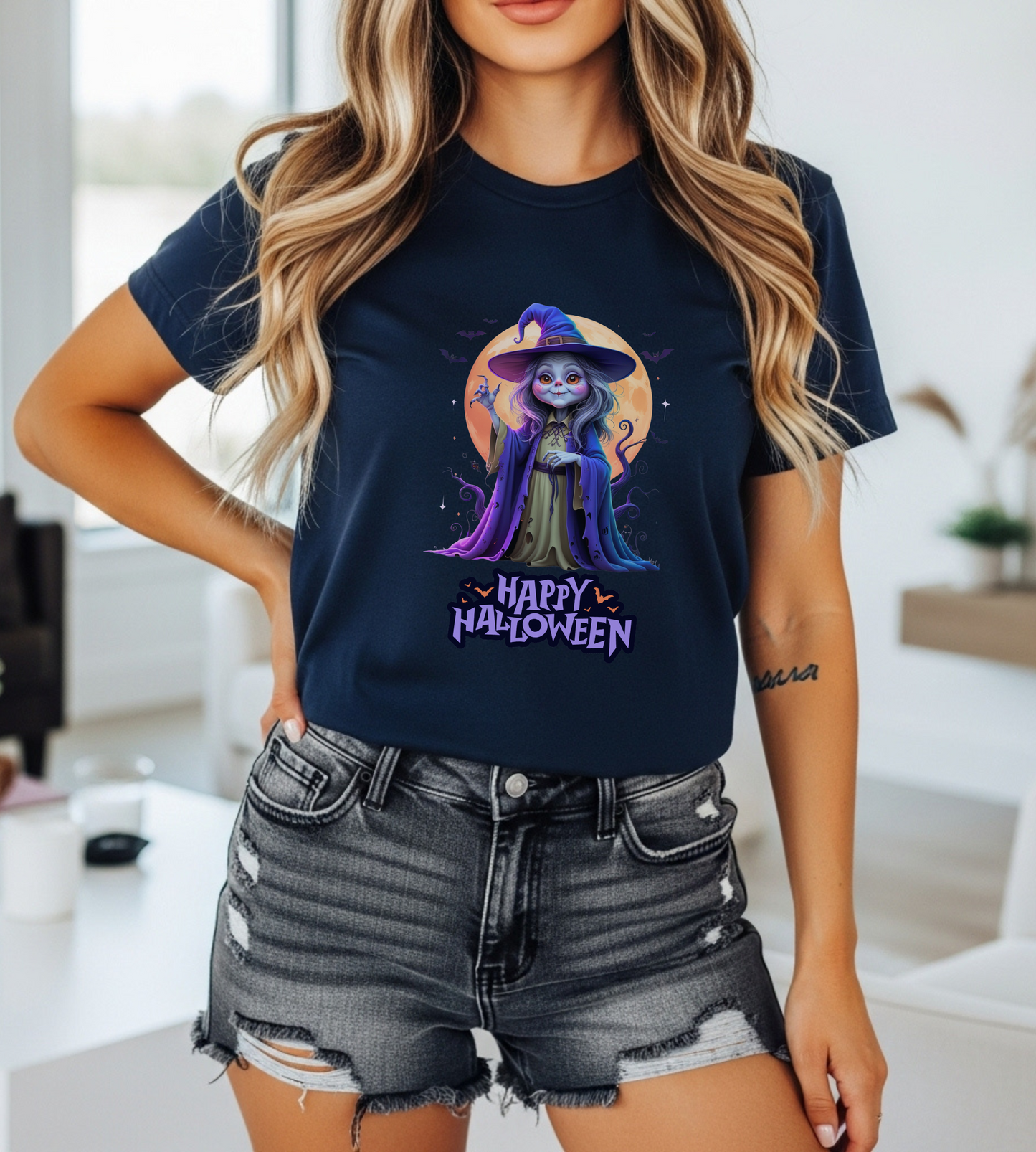 Happy Halloween Witch Shirt – Spooky Full Moon Graphic Tee – Bella Canvas 3001 – Unisex Halloween T-Shirt for Women Men