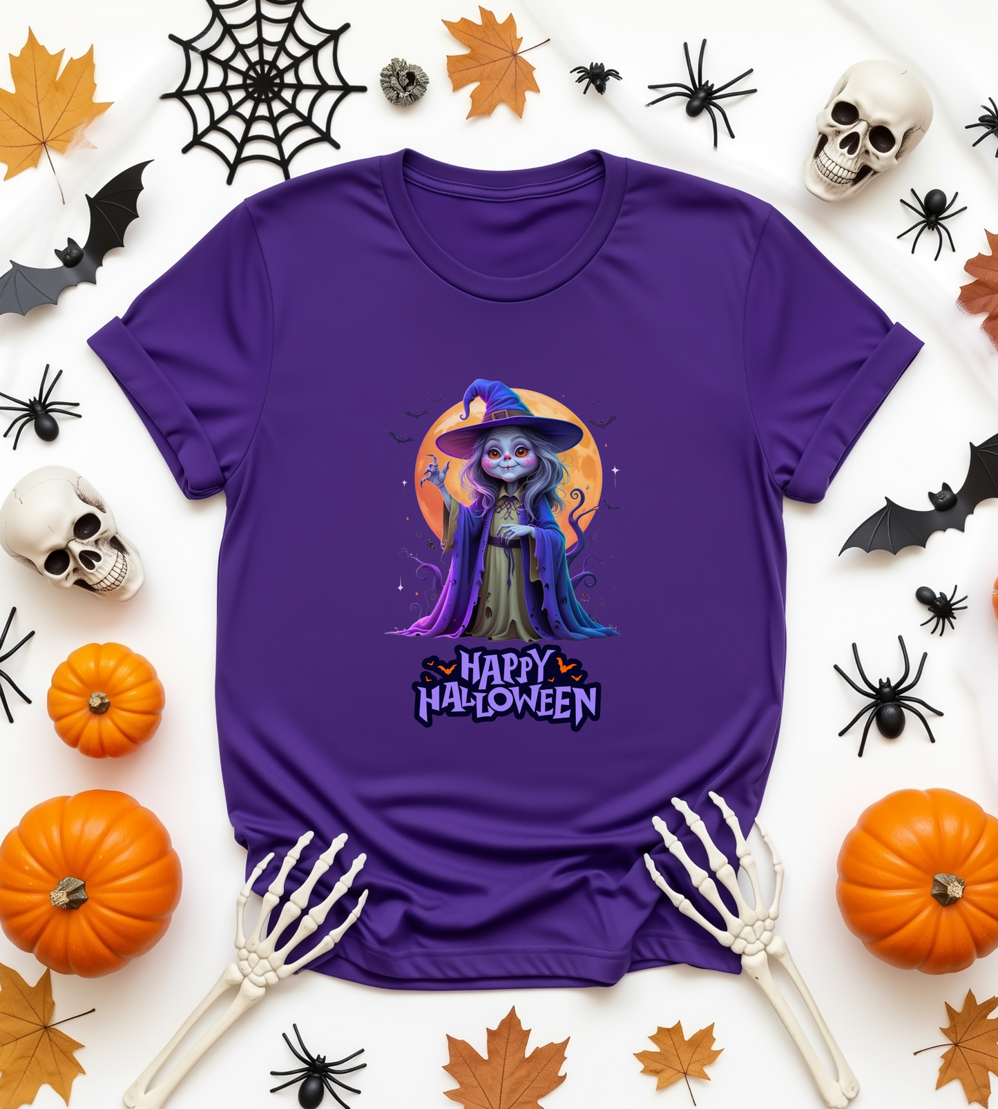 Happy Halloween Witch Shirt – Spooky Full Moon Graphic Tee – Bella Canvas 3001 – Unisex Halloween T-Shirt for Women Men