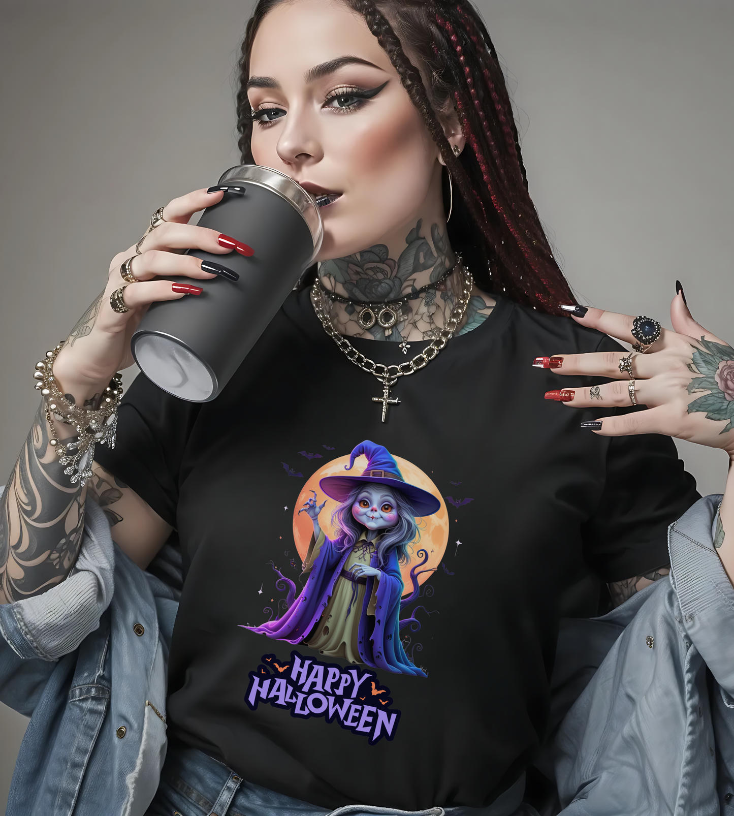 Happy Halloween Witch Shirt – Spooky Full Moon Graphic Tee – Bella Canvas 3001 – Unisex Halloween T-Shirt for Women Men