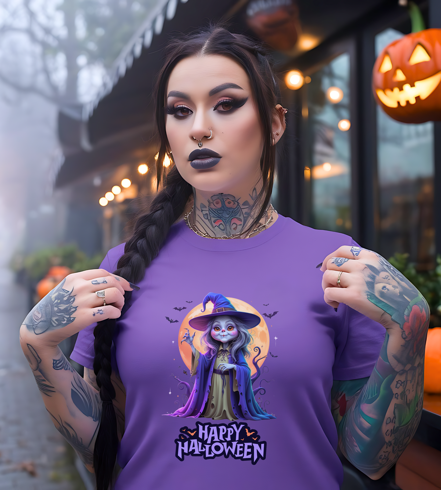 Happy Halloween Witch Shirt – Spooky Full Moon Graphic Tee – Bella Canvas 3001 – Unisex Halloween T-Shirt for Women Men
