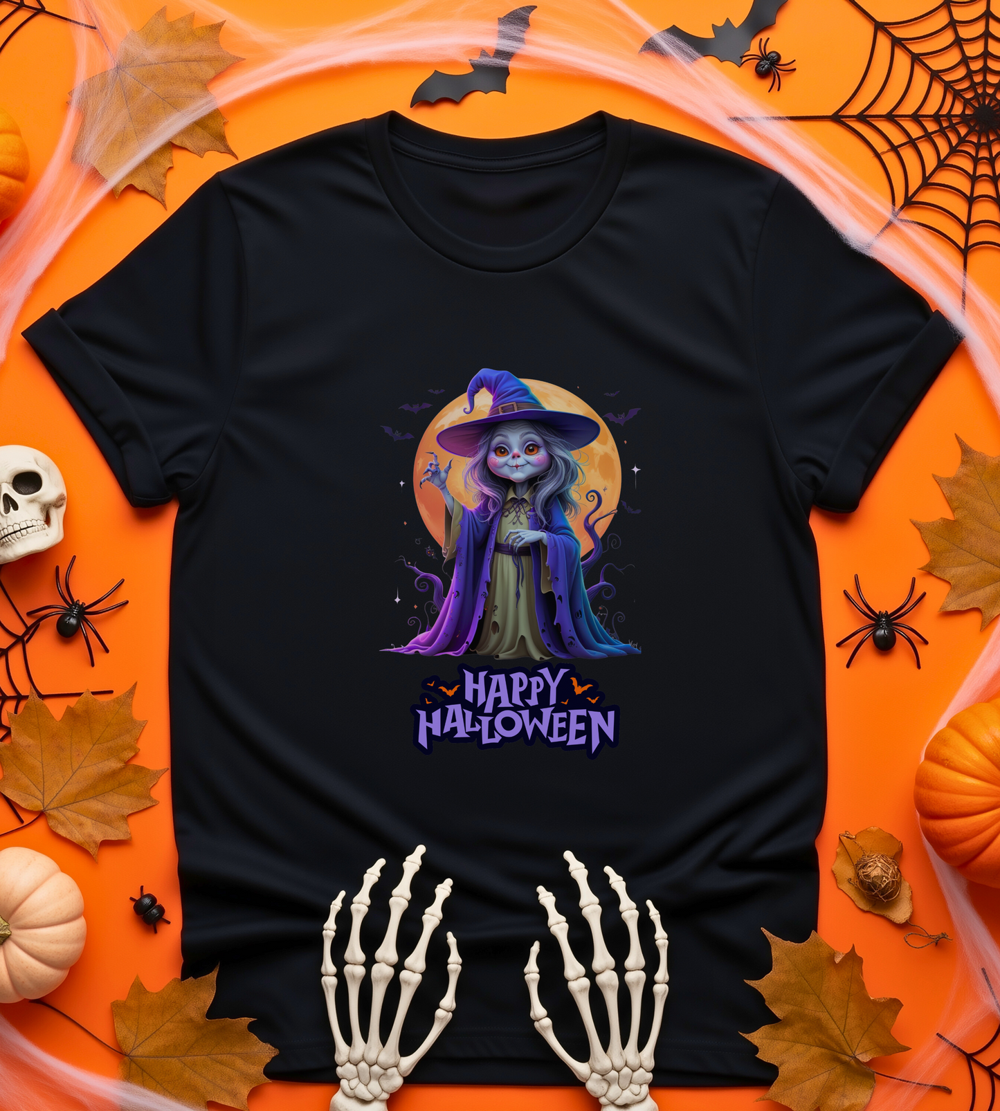 Happy Halloween Witch Shirt – Spooky Full Moon Graphic Tee – Bella Canvas 3001 – Unisex Halloween T-Shirt for Women Men