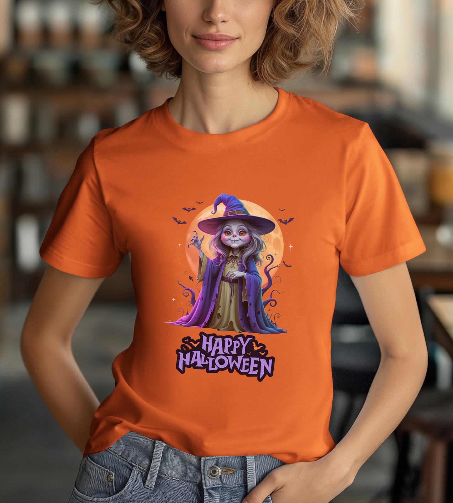 Happy Halloween Witch Shirt – Spooky Full Moon Graphic Tee – Bella Canvas 3001 – Unisex Halloween T-Shirt for Women Men