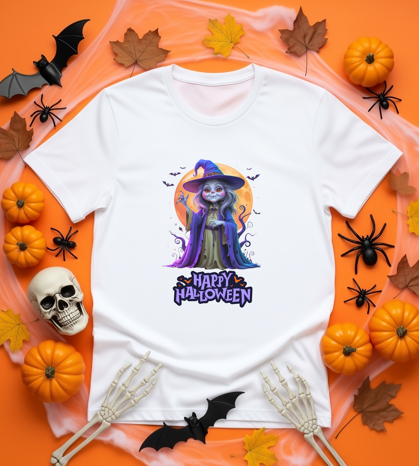 Happy Halloween Witch Shirt – Spooky Full Moon Graphic Tee – Bella Canvas 3001 – Unisex Halloween T-Shirt for Women Men