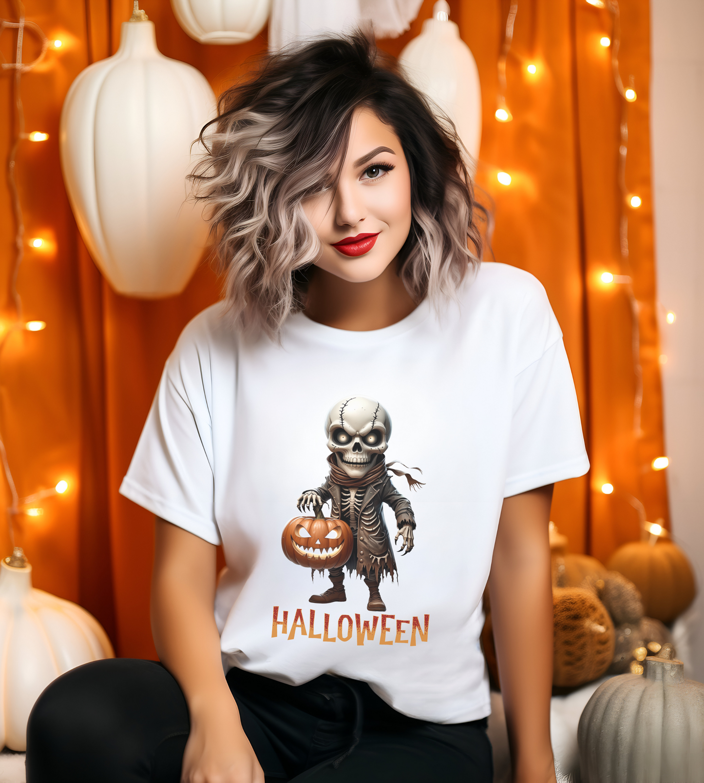 Halloween Skeleton Shirt – Spooky Pumpkin Graphic Tee – Bella Canvas 3001 – Unisex Gothic Horror Costume T-Shirt