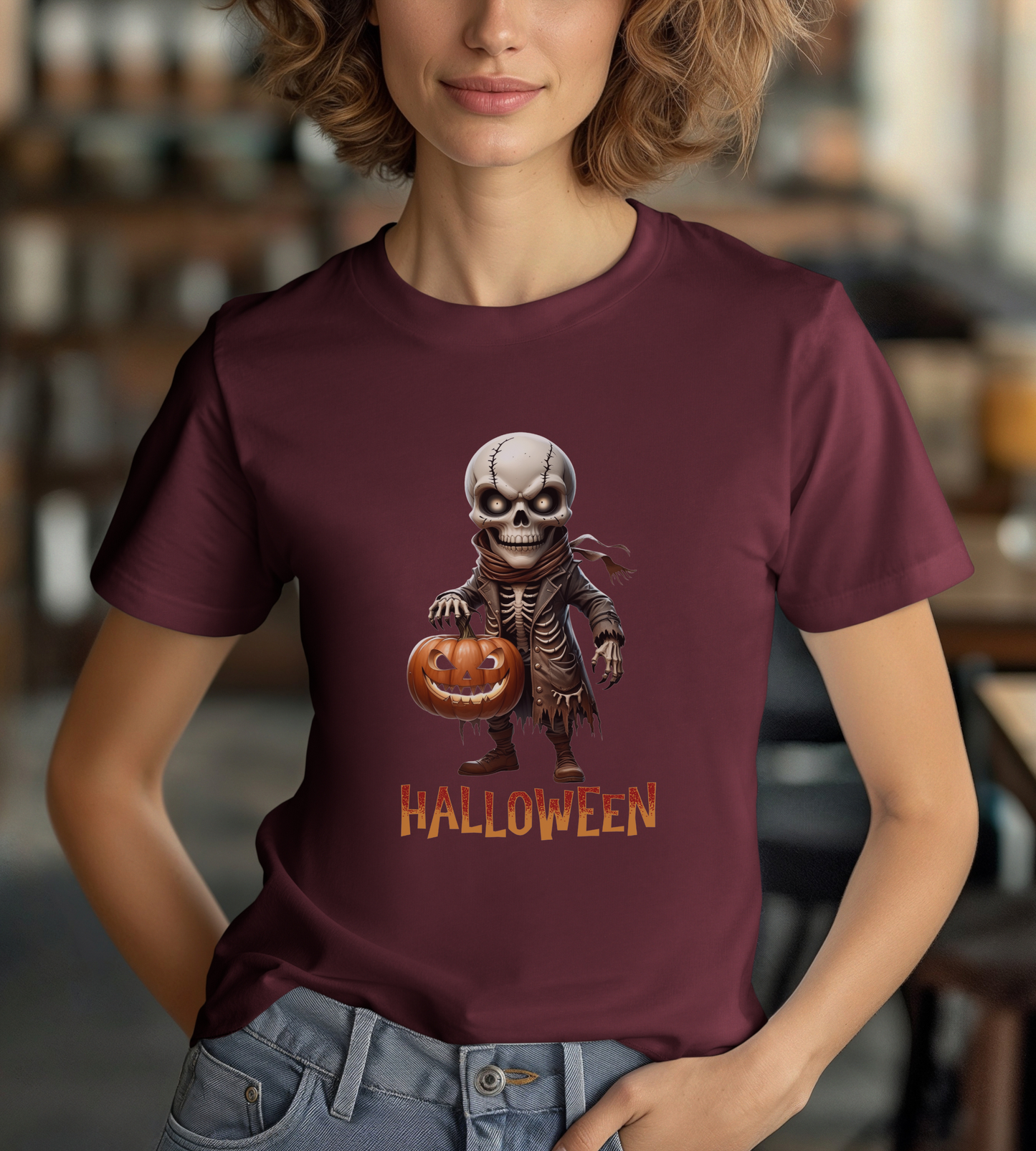 Halloween Skeleton Shirt – Spooky Pumpkin Graphic Tee – Bella Canvas 3001 – Unisex Gothic Horror Costume T-Shirt