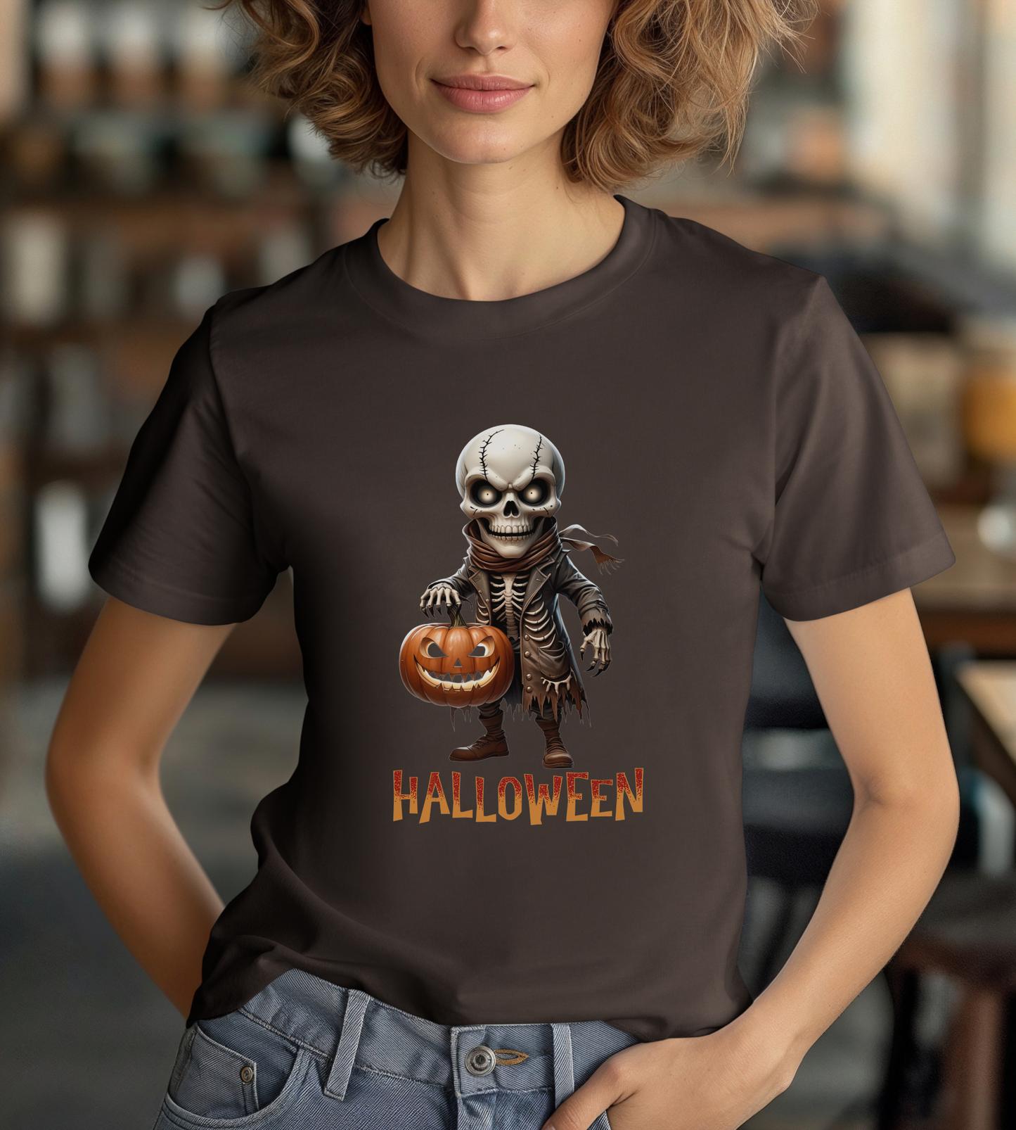 Halloween Skeleton Shirt – Spooky Pumpkin Graphic Tee – Bella Canvas 3001 – Unisex Gothic Horror Costume T-Shirt