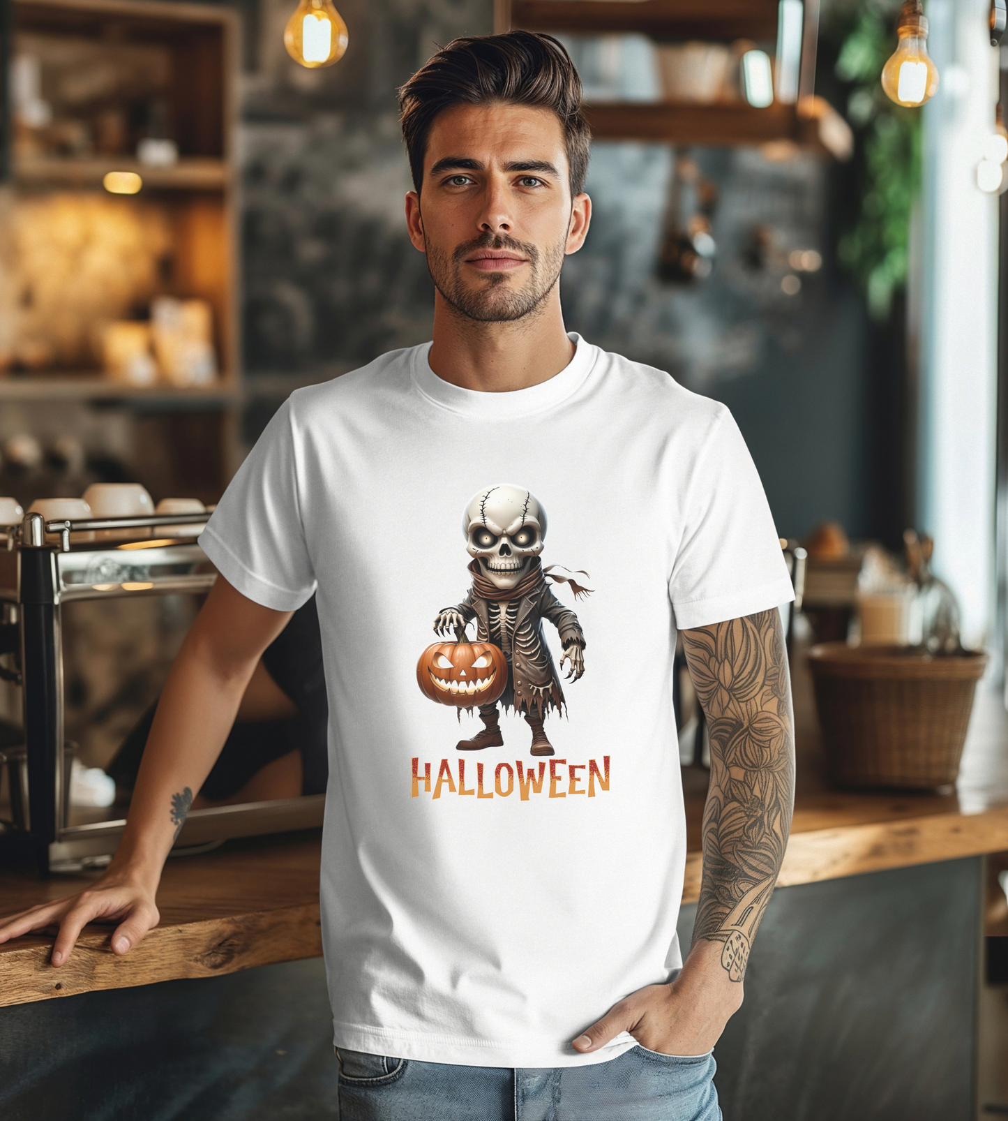 Halloween Skeleton Shirt – Spooky Pumpkin Graphic Tee – Bella Canvas 3001 – Unisex Gothic Horror Costume T-Shirt