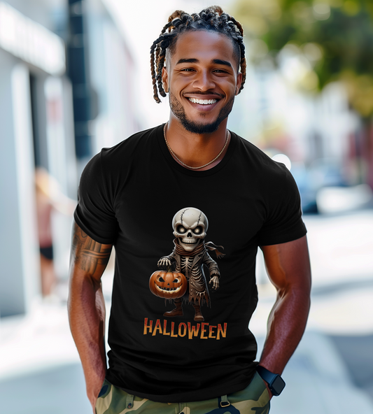 Halloween Skeleton Shirt – Spooky Pumpkin Graphic Tee – Bella Canvas 3001 – Unisex Gothic Horror Costume T-Shirt