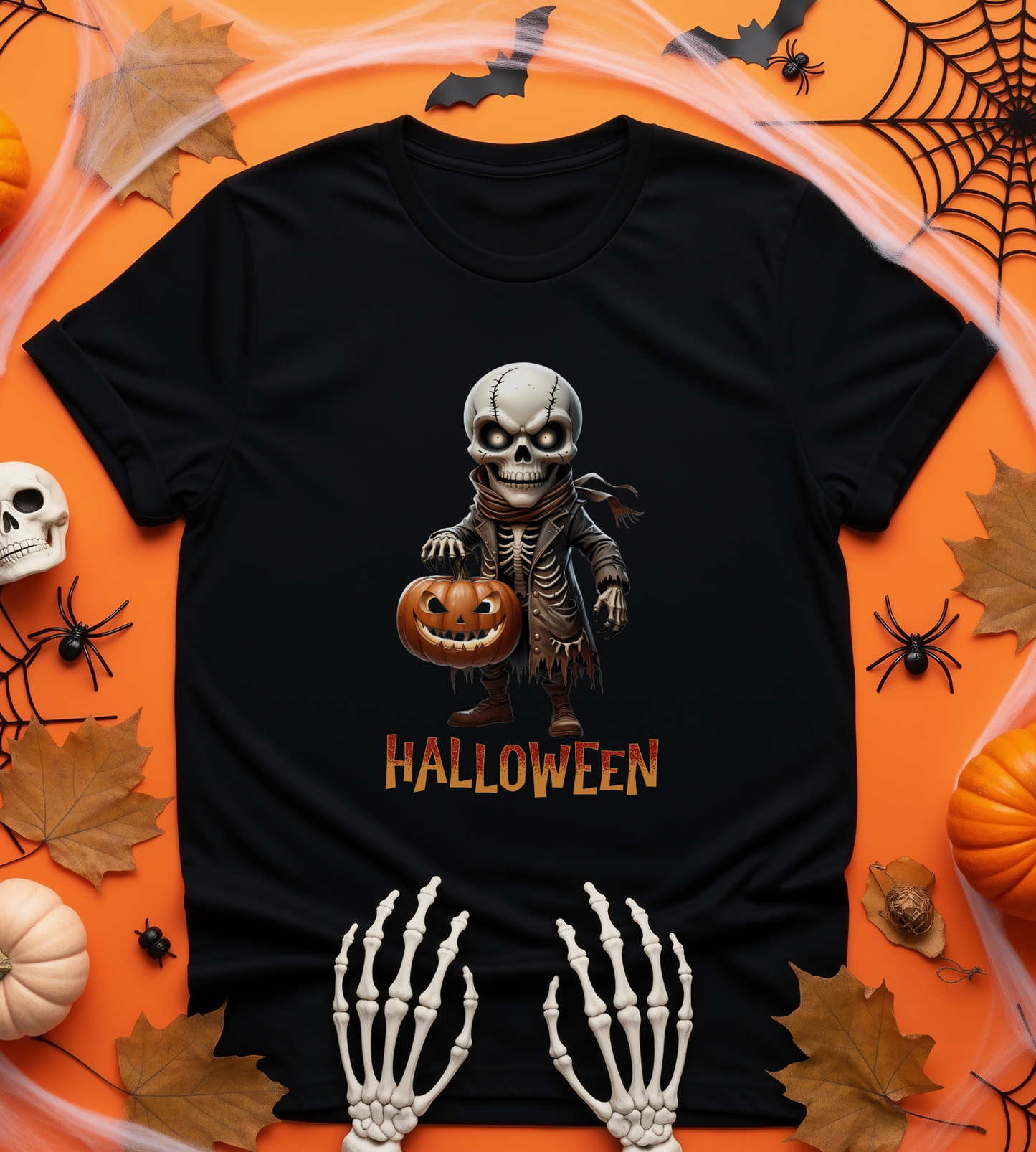 Halloween Skeleton Shirt – Spooky Pumpkin Graphic Tee – Bella Canvas 3001 – Unisex Gothic Horror Costume T-Shirt