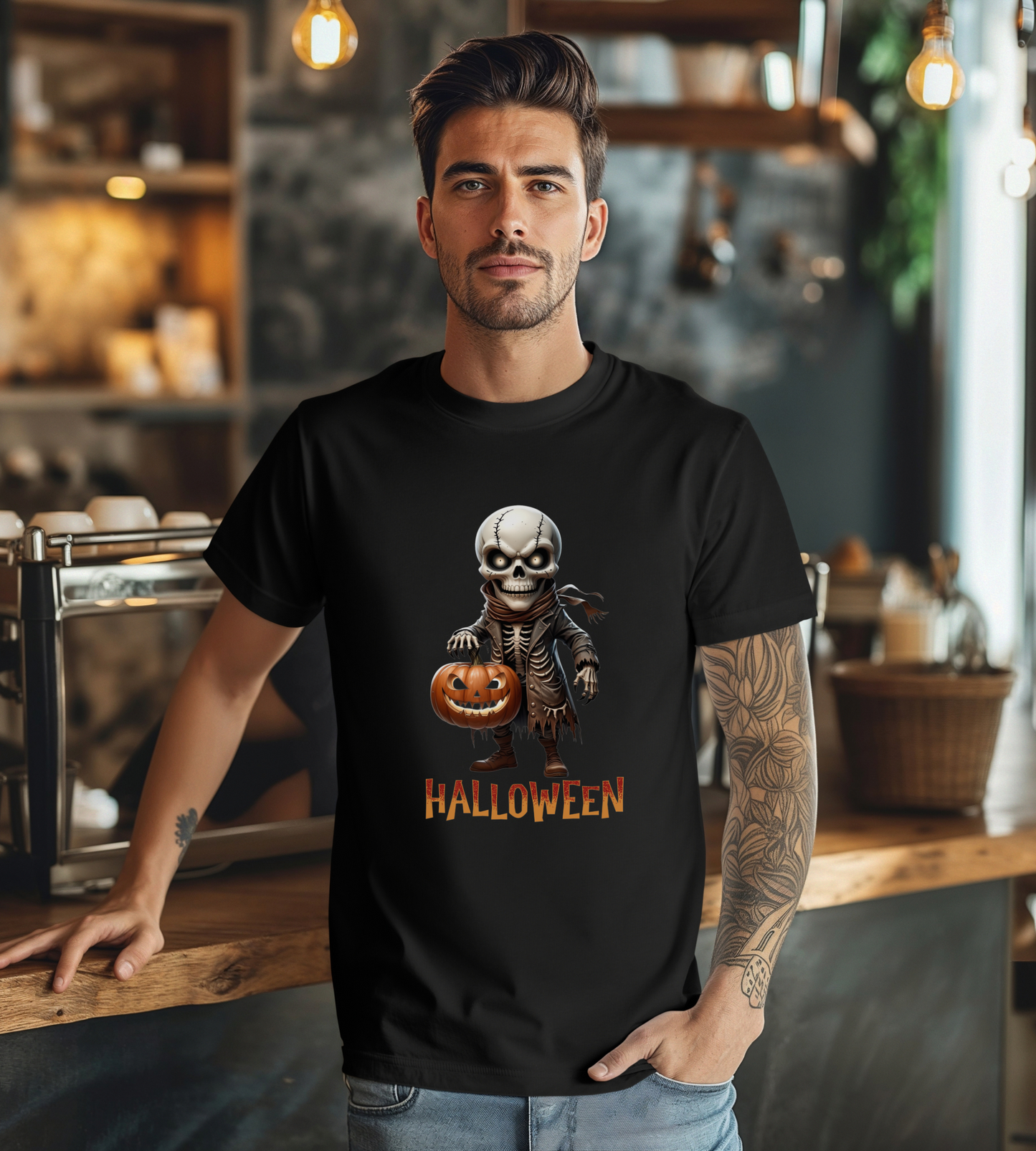 Halloween Skeleton Shirt – Spooky Pumpkin Graphic Tee – Bella Canvas 3001 – Unisex Gothic Horror Costume T-Shirt