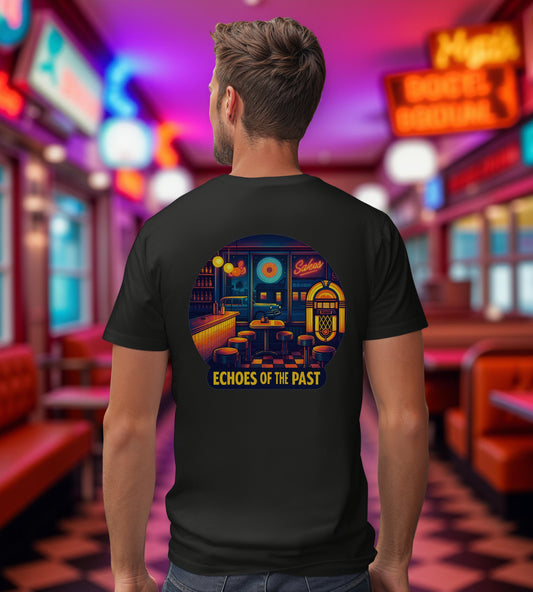 Echoes of the Past Retro Diner T-Shirt – Bella Canvas 3001 Unisex Vintage 80s Jukebox Neon Graphic Tee
