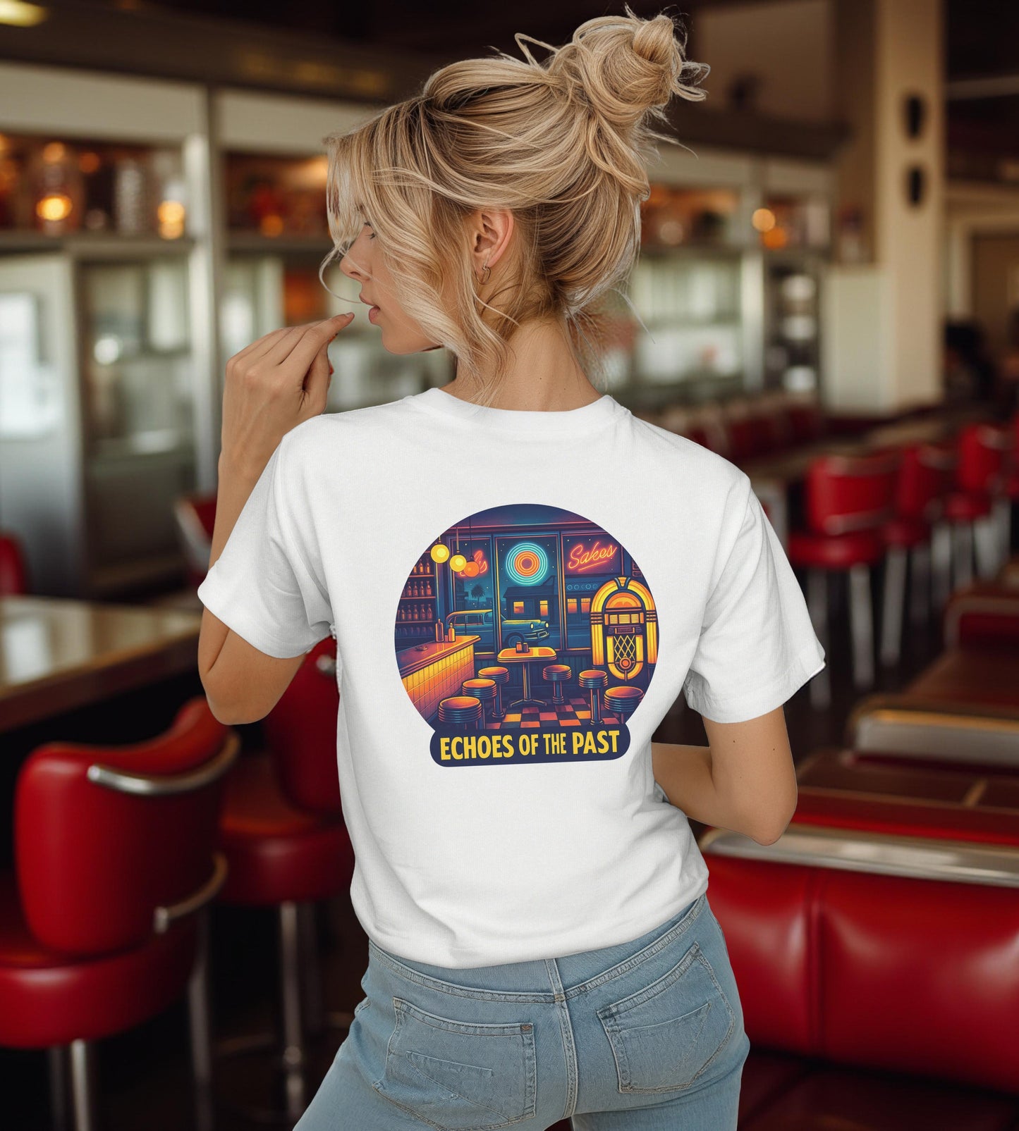 Echoes of the Past Retro Diner T-Shirt – Bella Canvas 3001 Unisex Vintage 80s Jukebox Neon Graphic Tee