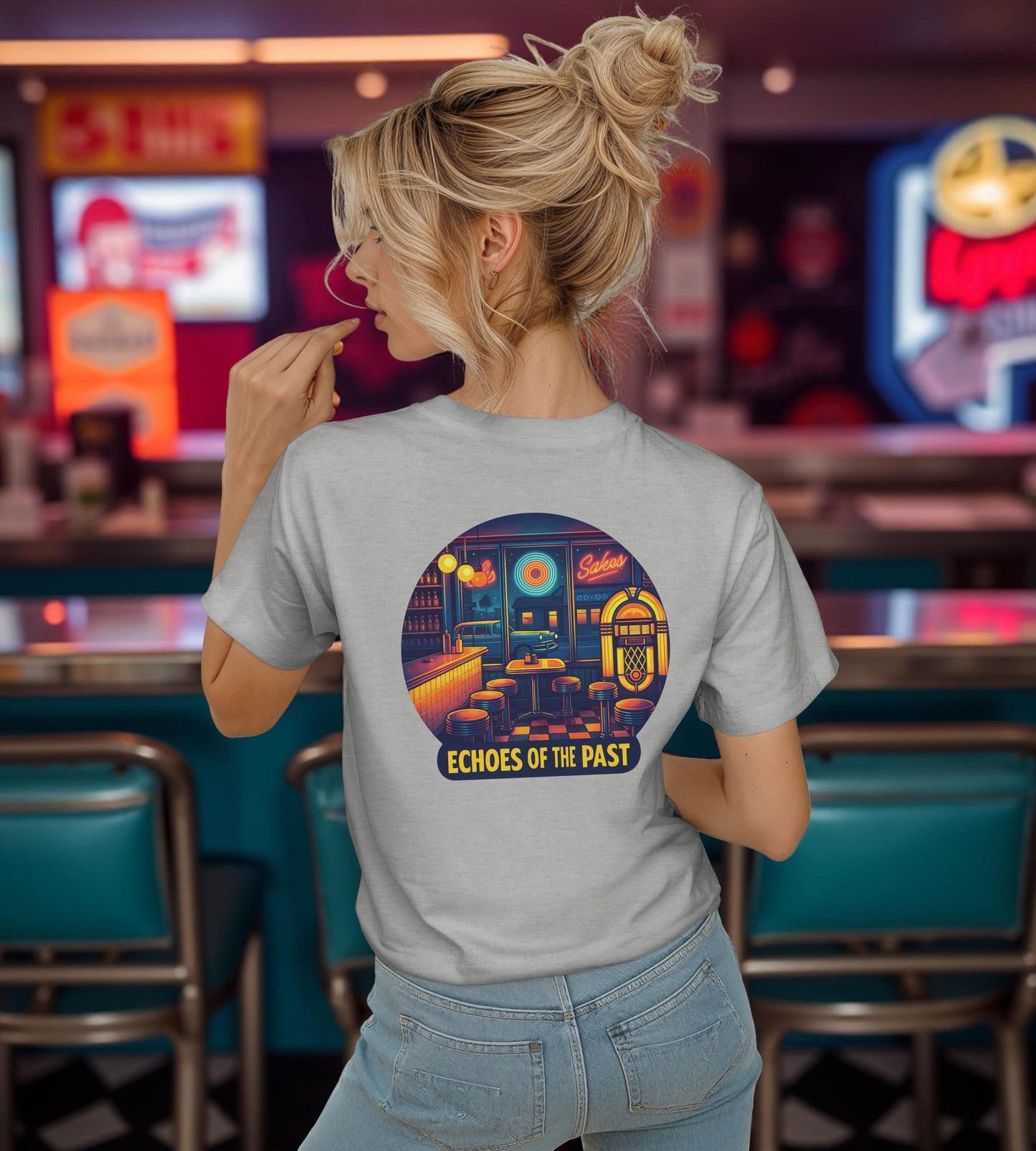 Echoes of the Past Retro Diner T-Shirt – Bella Canvas 3001 Unisex Vintage 80s Jukebox Neon Graphic Tee