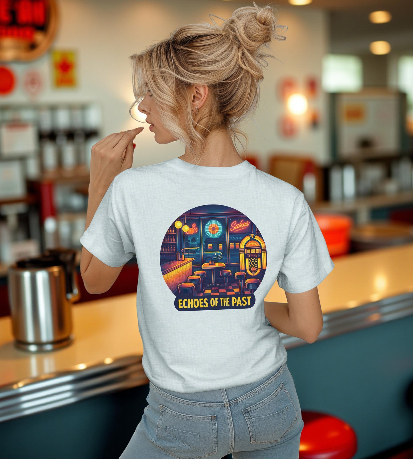 Echoes of the Past Retro Diner T-Shirt – Bella Canvas 3001 Unisex Vintage 80s Jukebox Neon Graphic Tee