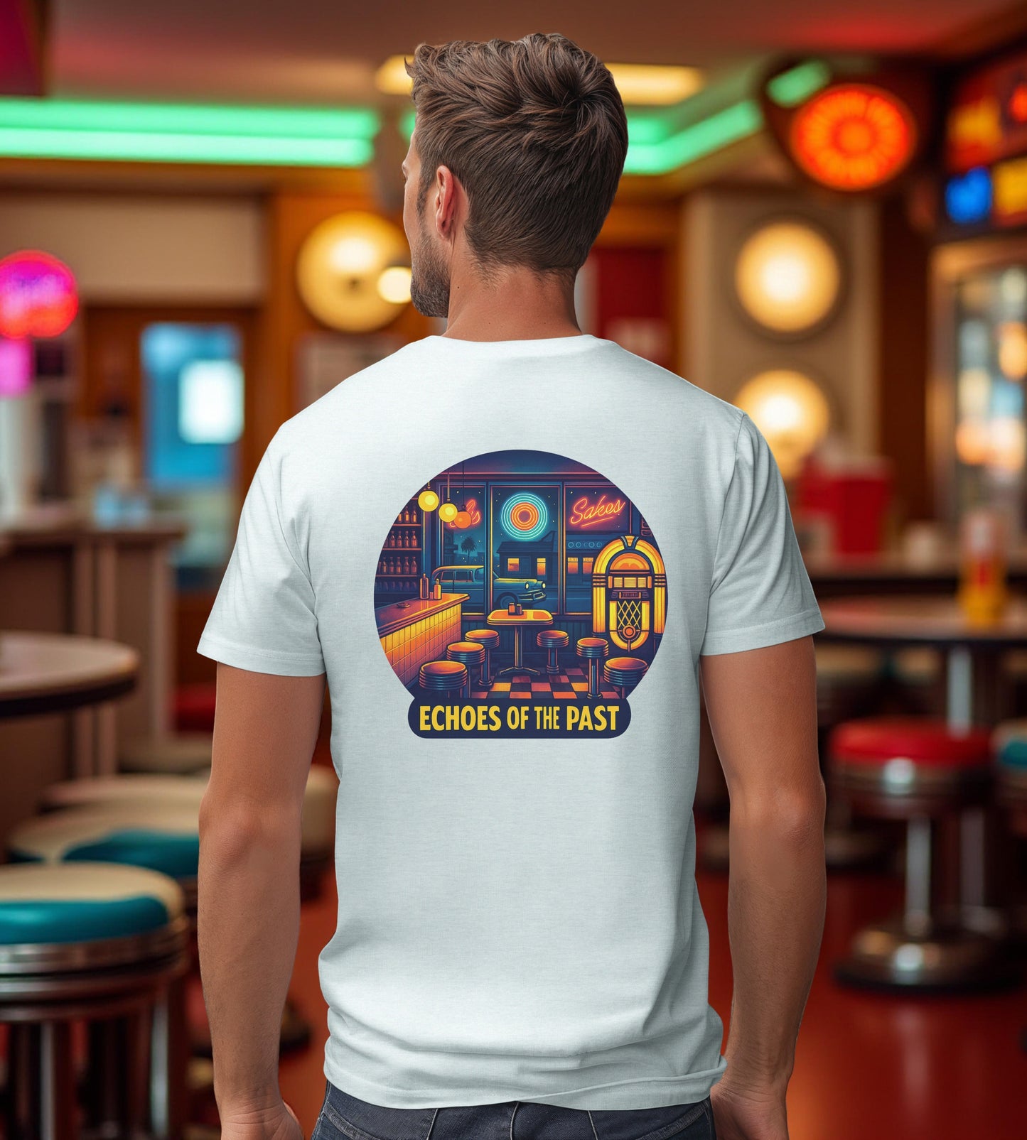 Echoes of the Past Retro Diner T-Shirt – Bella Canvas 3001 Unisex Vintage 80s Jukebox Neon Graphic Tee