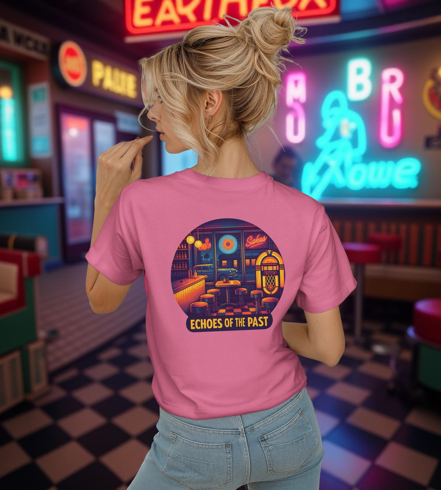 Echoes of the Past Retro Diner T-Shirt – Bella Canvas 3001 Unisex Vintage 80s Jukebox Neon Graphic Tee