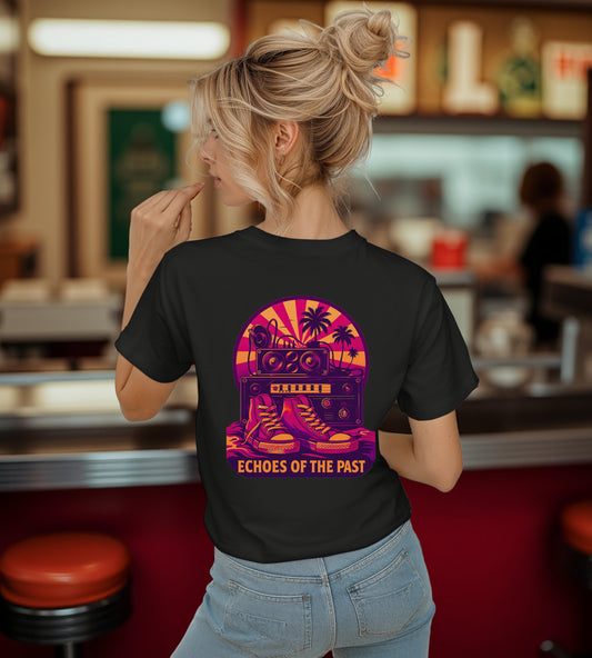 Echoes of the Past Retro Sunset T-Shirt – Bella Canvas 3001 Unisex 80s Vaporwave Graphic Tee, Vintage Music Lover Shirt