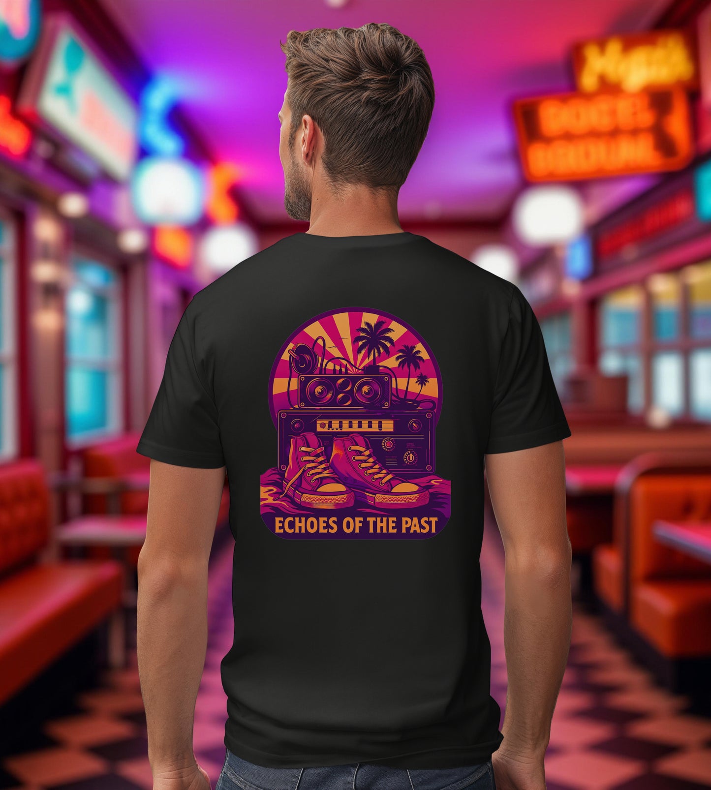 Echoes of the Past Retro Sunset T-Shirt – Bella Canvas 3001 Unisex 80s Vaporwave Graphic Tee, Vintage Music Lover Shirt