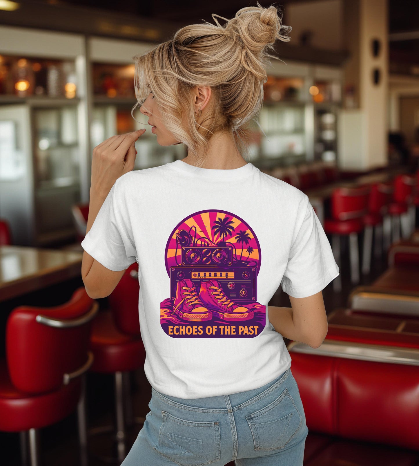 Echoes of the Past Retro Sunset T-Shirt – Bella Canvas 3001 Unisex 80s Vaporwave Graphic Tee, Vintage Music Lover Shirt