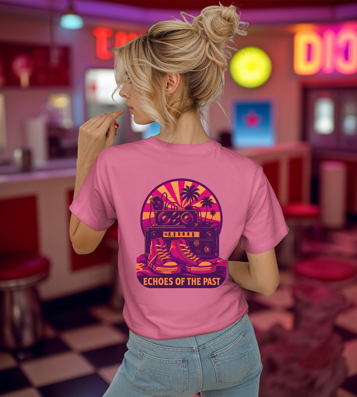 Echoes of the Past Retro Sunset T-Shirt – Bella Canvas 3001 Unisex 80s Vaporwave Graphic Tee, Vintage Music Lover Shirt