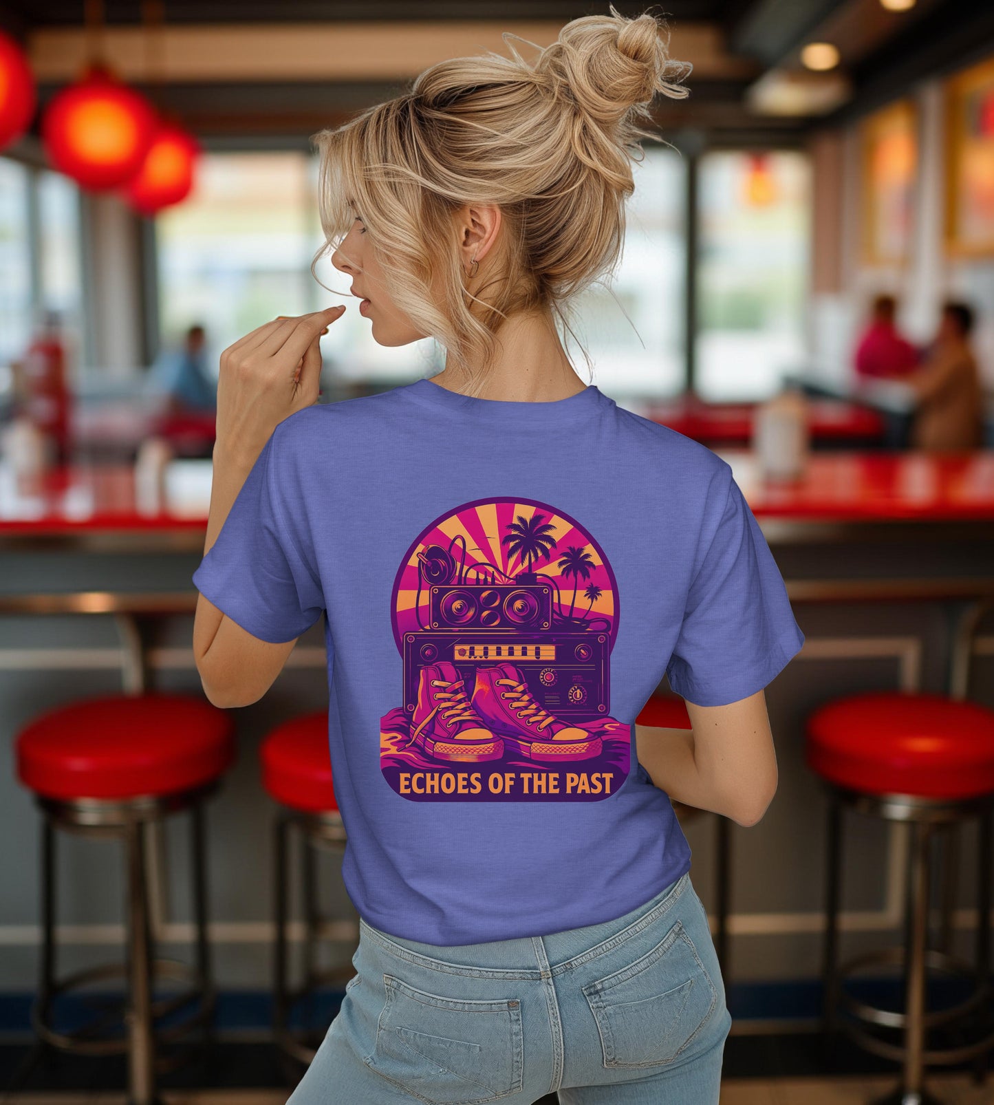 Echoes of the Past Retro Sunset T-Shirt – Bella Canvas 3001 Unisex 80s Vaporwave Graphic Tee, Vintage Music Lover Shirt