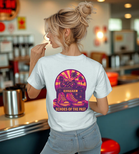 Echoes of the Past Retro Sunset T-Shirt – Bella Canvas 3001 Unisex 80s Vaporwave Graphic Tee, Vintage Music Lover Shirt