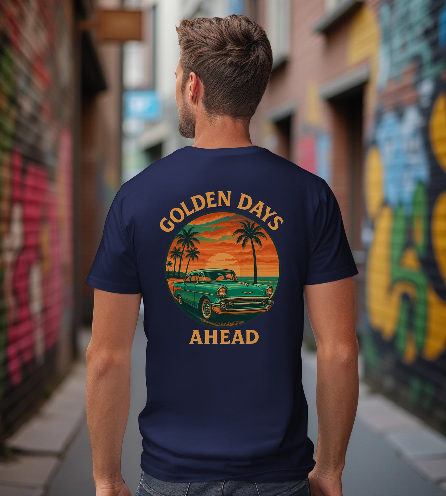 Golden Days Ahead Retro Car T-Shirt, Vintage Classic 50s Tee, Coastal Sunset Palm Trees, Unisex Jersey Shirt, Bella Canvas 3001, Men Women,