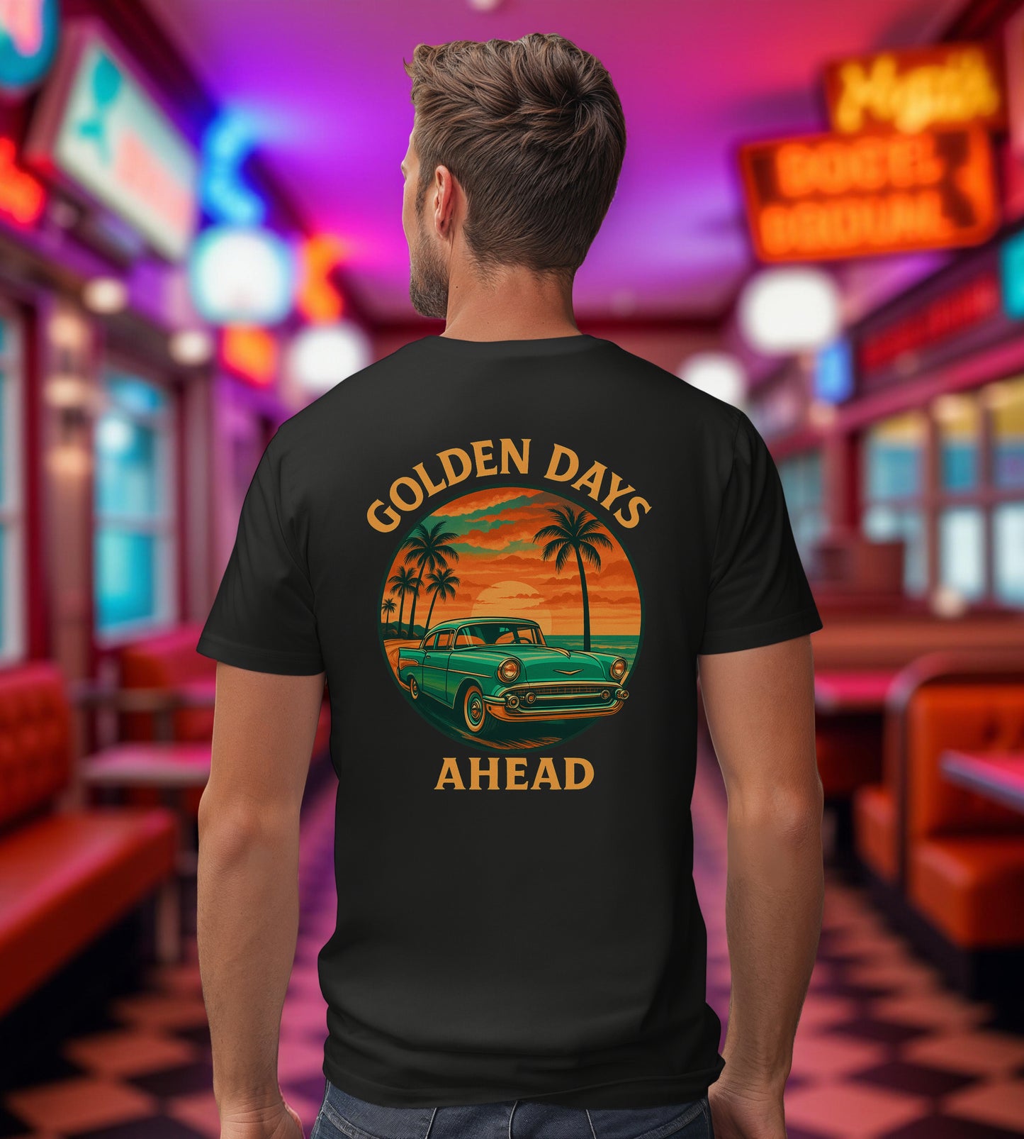Golden Days Ahead Retro Car T-Shirt, Vintage Classic 50s Tee, Coastal Sunset Palm Trees, Unisex Jersey Shirt, Bella Canvas 3001, Men Women,