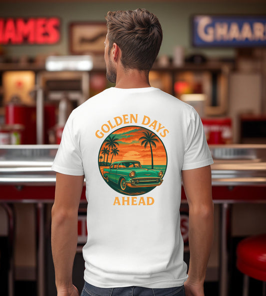 Golden Days Ahead Retro Car T-Shirt, Vintage Classic 50s Tee, Coastal Sunset Palm Trees, Unisex Jersey Shirt, Bella Canvas 3001, Men Women,