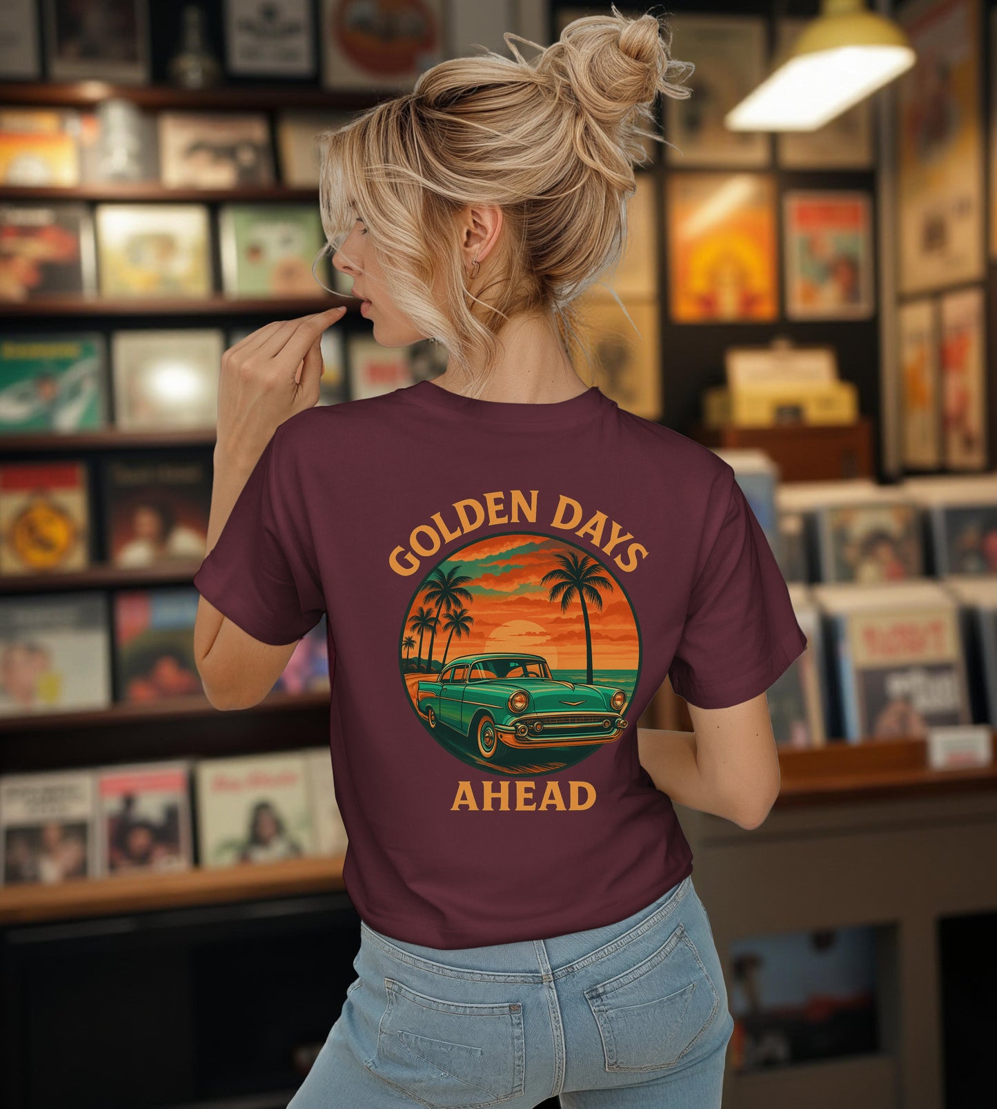 Golden Days Ahead Retro Car T-Shirt, Vintage Classic 50s Tee, Coastal Sunset Palm Trees, Unisex Jersey Shirt, Bella Canvas 3001, Men Women,