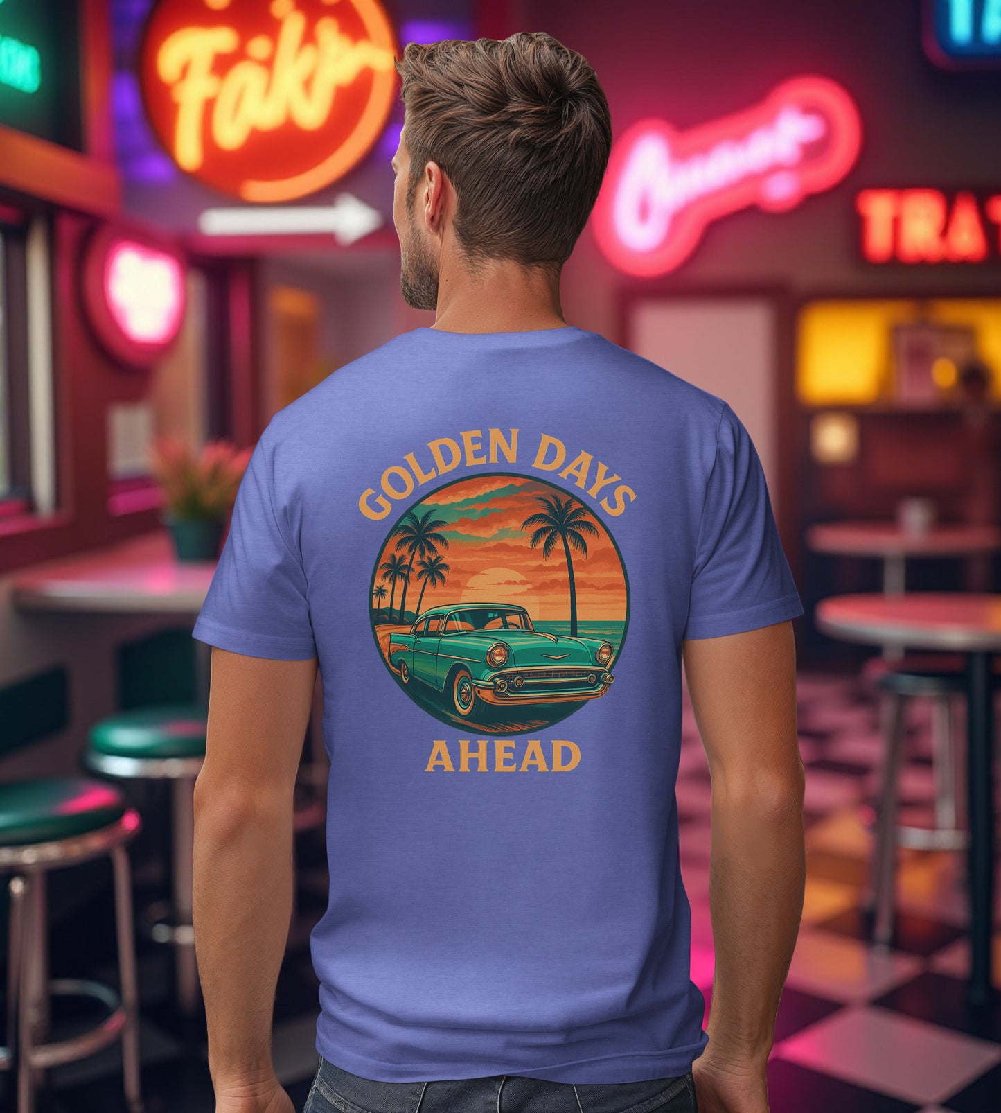 Golden Days Ahead Retro Car T-Shirt, Vintage Classic 50s Tee, Coastal Sunset Palm Trees, Unisex Jersey Shirt, Bella Canvas 3001, Men Women,