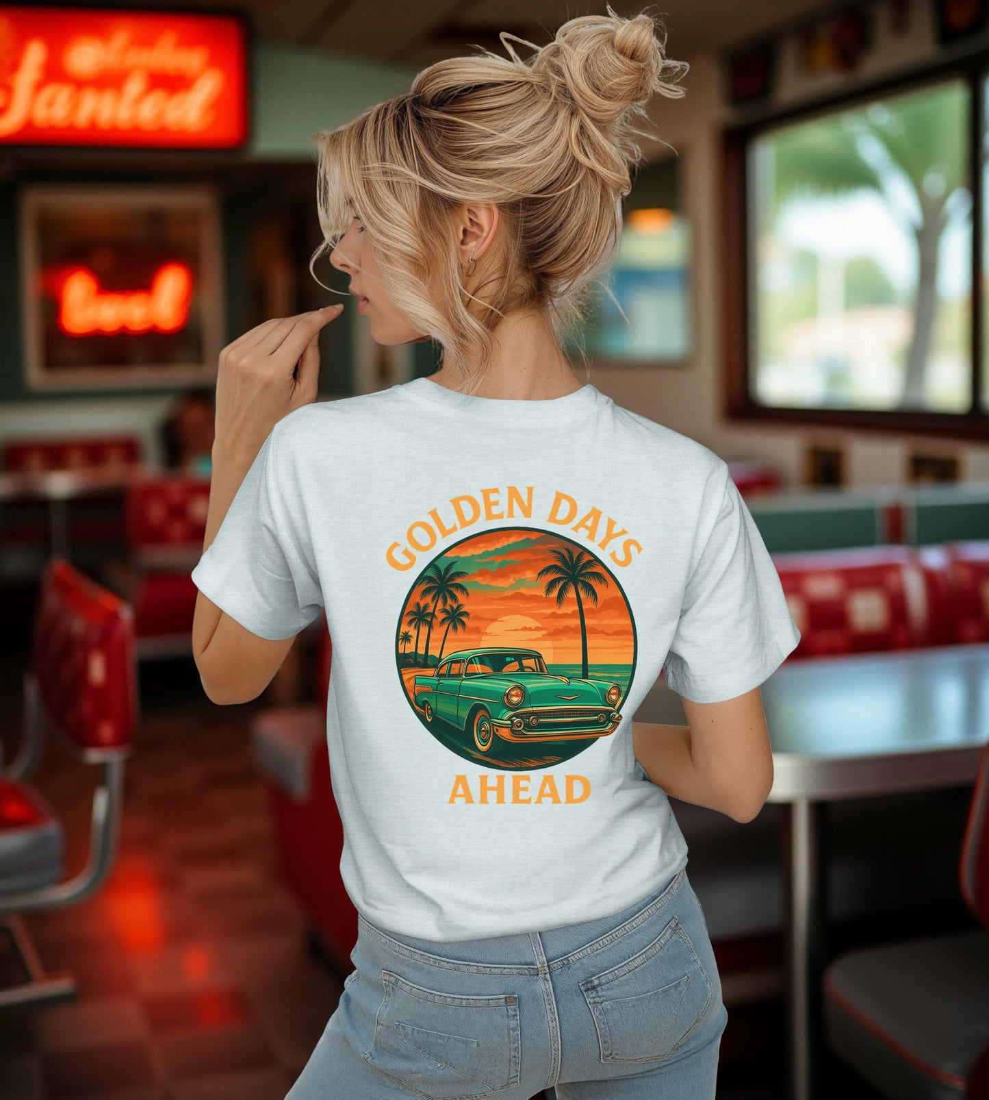 Golden Days Ahead Retro Car T-Shirt, Vintage Classic 50s Tee, Coastal Sunset Palm Trees, Unisex Jersey Shirt, Bella Canvas 3001, Men Women,