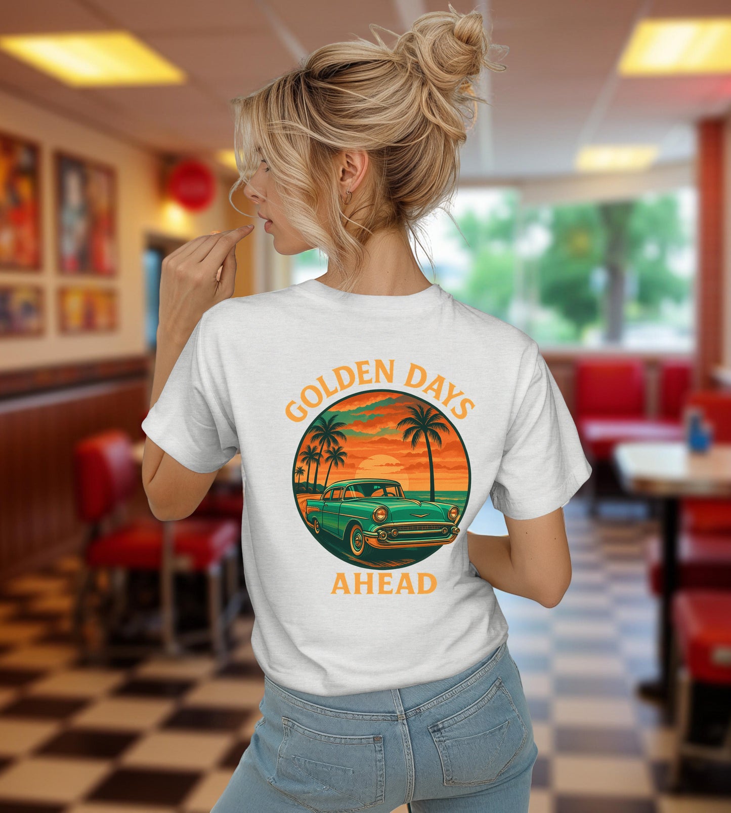 Golden Days Ahead Retro Car T-Shirt, Vintage Classic 50s Tee, Coastal Sunset Palm Trees, Unisex Jersey Shirt, Bella Canvas 3001, Men Women,