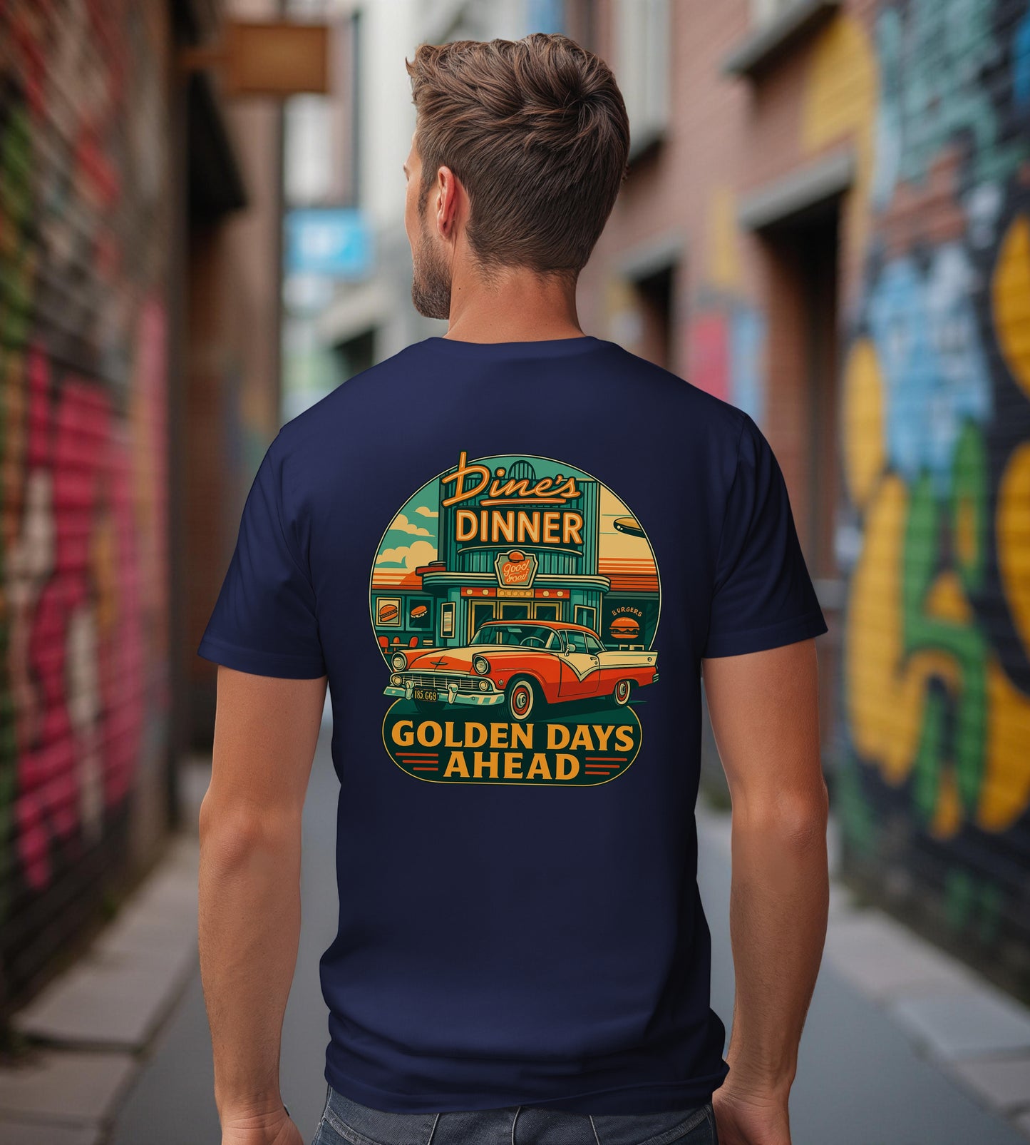 Golden Days Ahead Retro Diner T-Shirt, Vintage 50s Classic Car Graphic Tee, American Dinner Drive-In Style, Bella Canvas 3001 Unisex Shirt