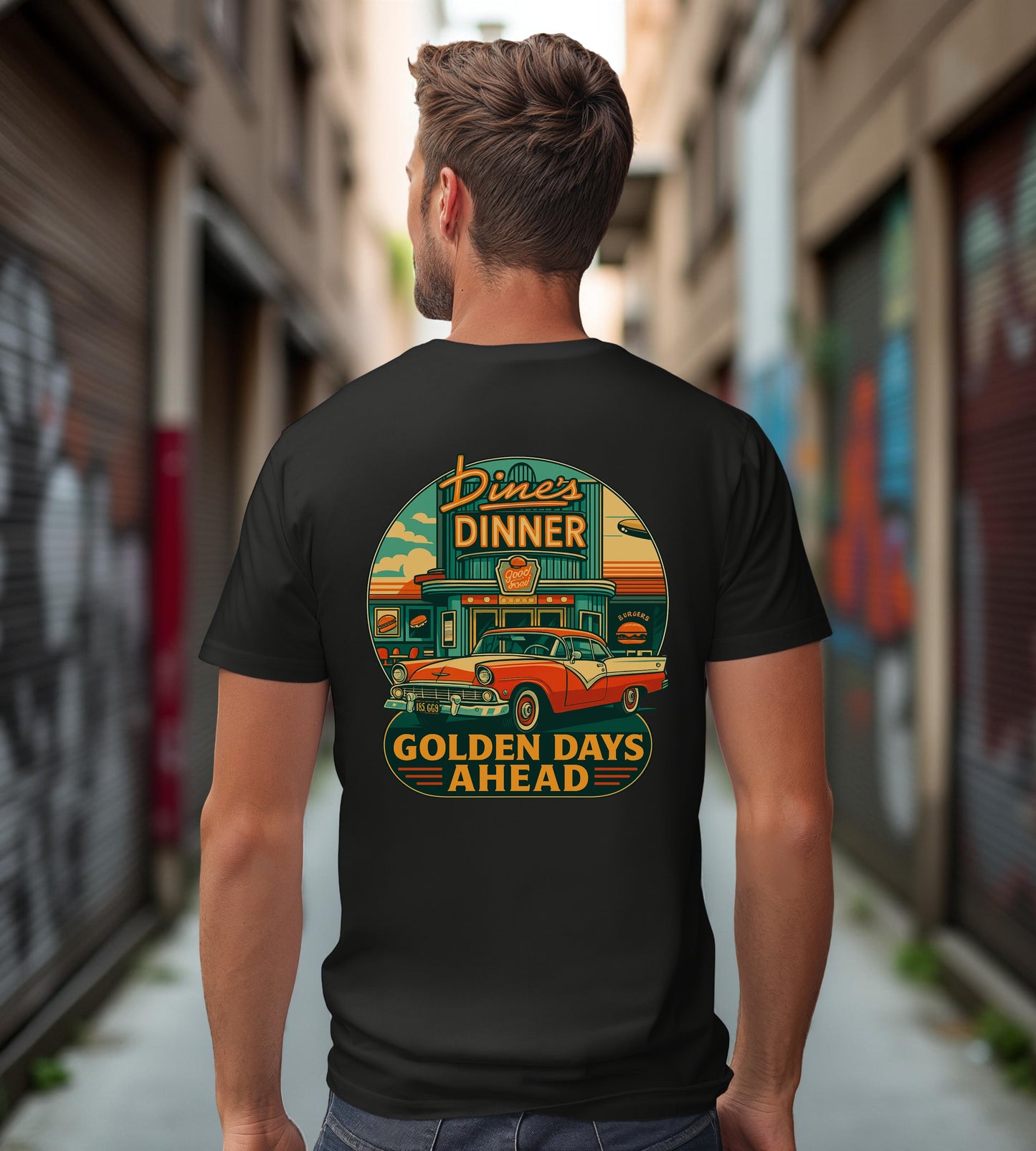 Golden Days Ahead Retro Diner T-Shirt, Vintage 50s Classic Car Graphic Tee, American Dinner Drive-In Style, Bella Canvas 3001 Unisex Shirt