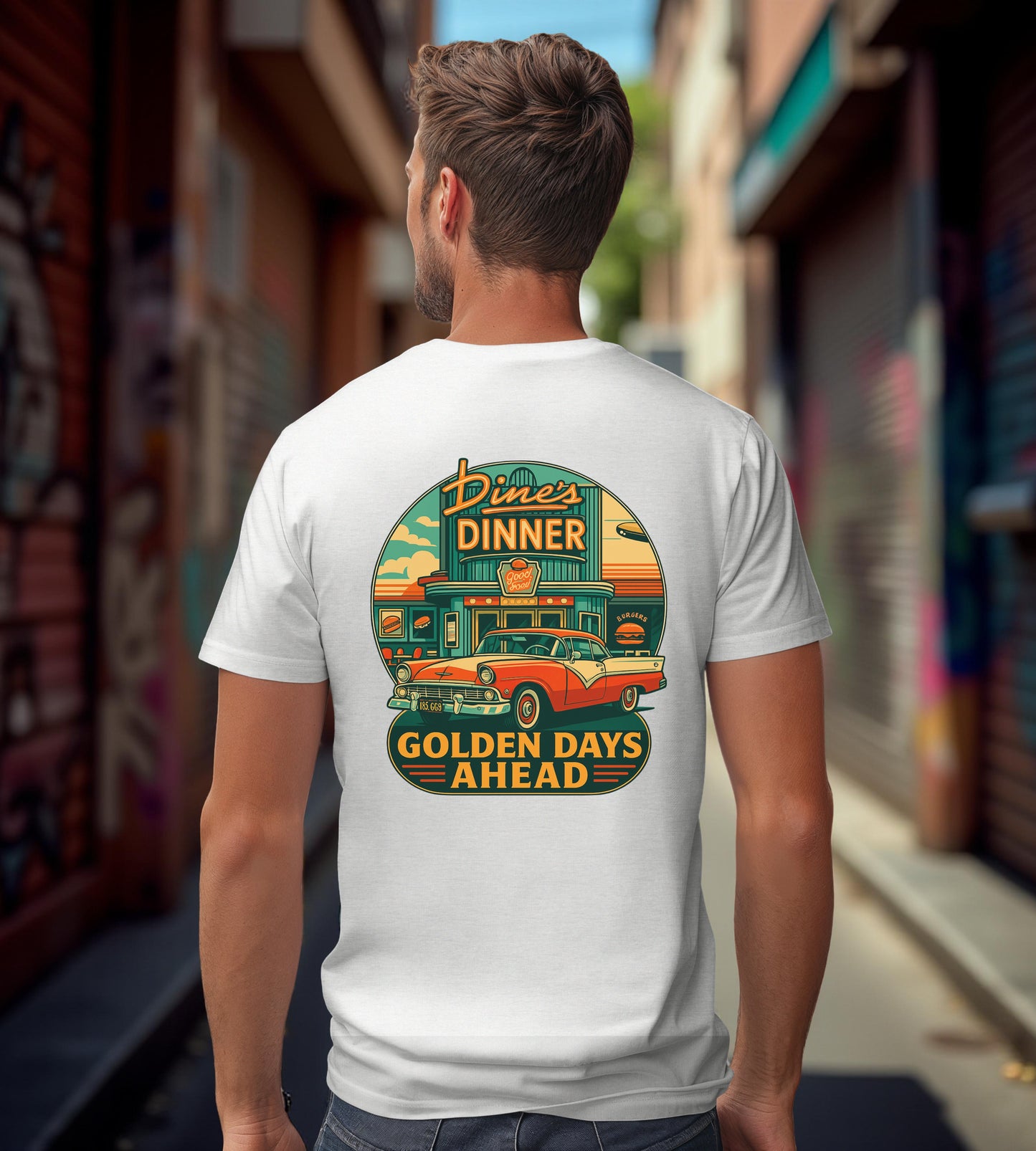 Golden Days Ahead Retro Diner T-Shirt, Vintage 50s Classic Car Graphic Tee, American Dinner Drive-In Style, Bella Canvas 3001 Unisex Shirt