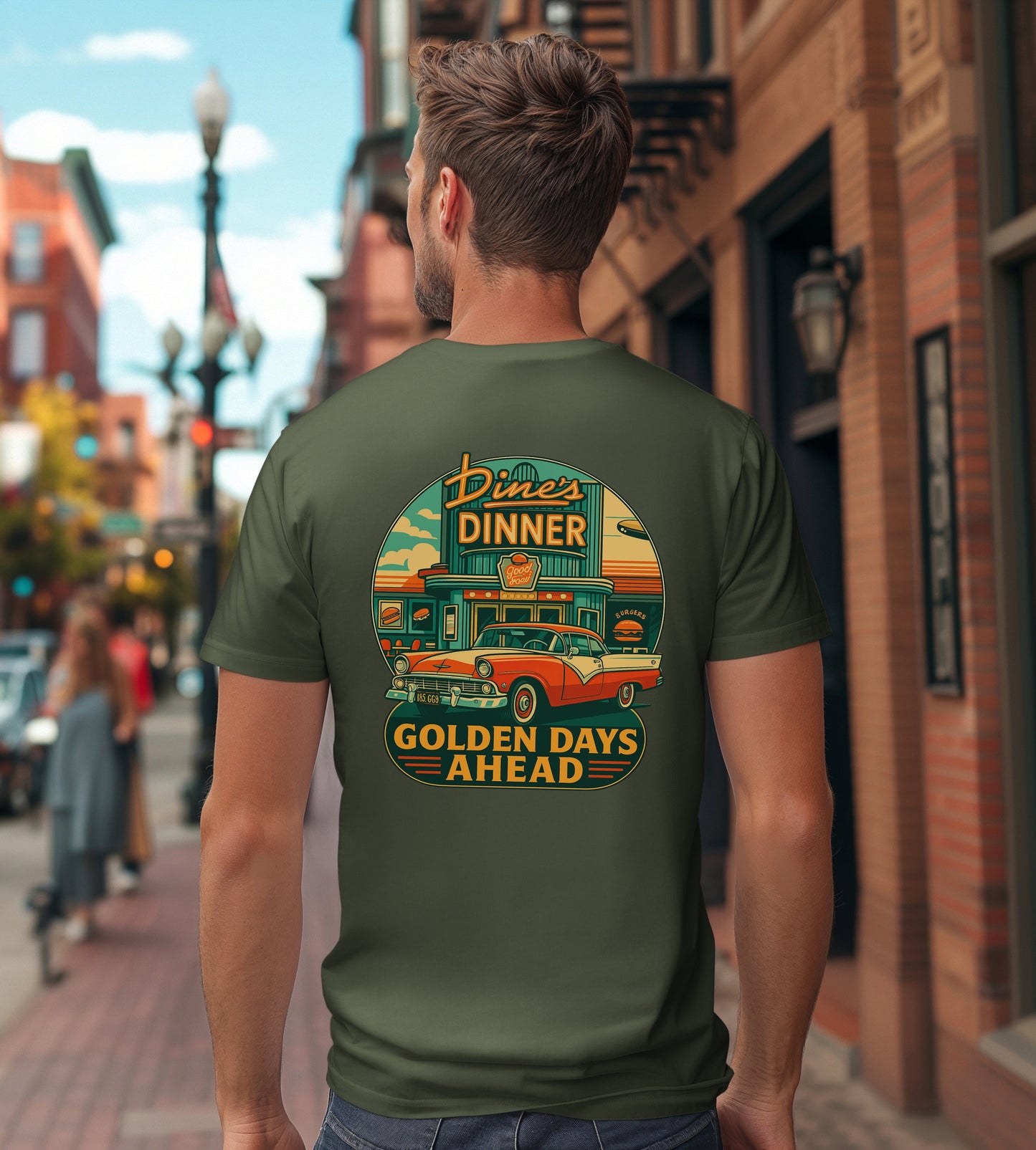 Golden Days Ahead Retro Diner T-Shirt, Vintage 50s Classic Car Graphic Tee, American Dinner Drive-In Style, Bella Canvas 3001 Unisex Shirt